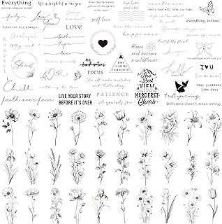 Tatouages Éphémères Réalistes 60 Feuilles Petits Faux Tatouages, 30 Pièces Scripts Significatifs Mots Tatouages 30 Pièces Autocollants de Tatouage Nature Fleur Sauvage pour Femmes et Hommes