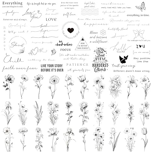 Esland Tatuajes temporales realistas  60 hojas de tatuajes falsos pequeños, 30 piezas de tatuajes significativos con escrituras y palabras, 30