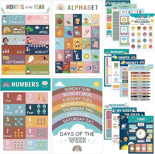 16 pósteres educativos bohemios para niños pequeños Carteles de profesores para aulas, pósteres de escuela primaria, preescolar del alfabeto de