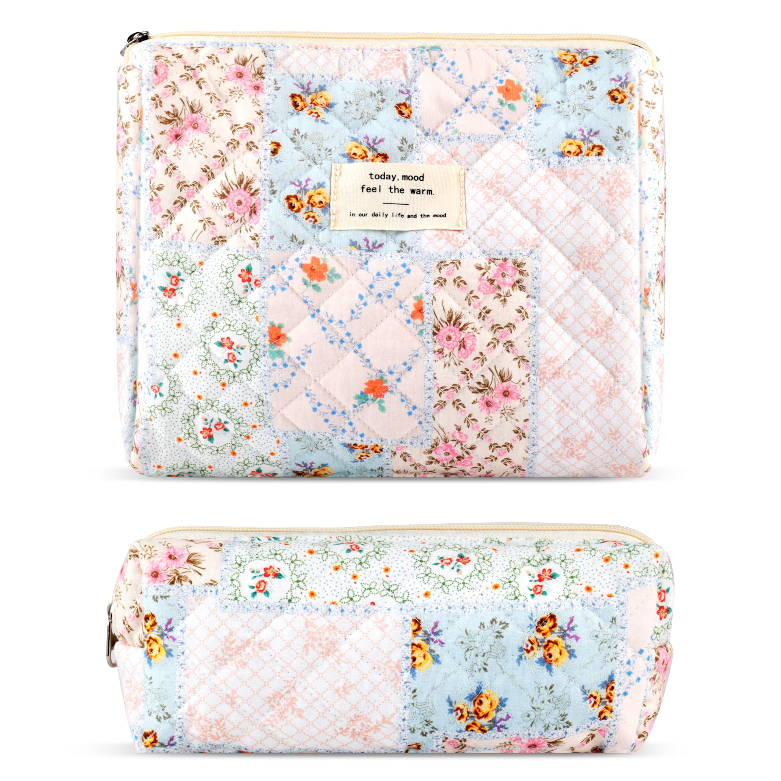 2Pcs Quilted Cotton Makeup Bag Large Travel Makeup Pouch Small Brush Holder Set for Women Cute Floral Coquette Makeup Bag Aesthetic Cosmetic Bag Flower Bee Toiletry Organizer Storage Bag Zipper Pouch