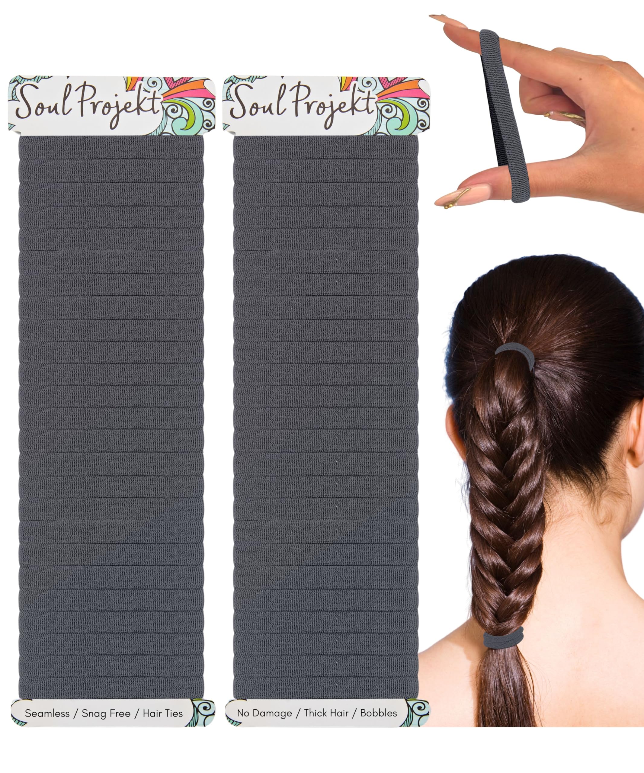 Soul Projekt Thick Hair Bands, 50 Pack 8mm, Grey Bobbles, School Hair Accessories, Ladies Hair Band, Snag Free Kids Hair Ties