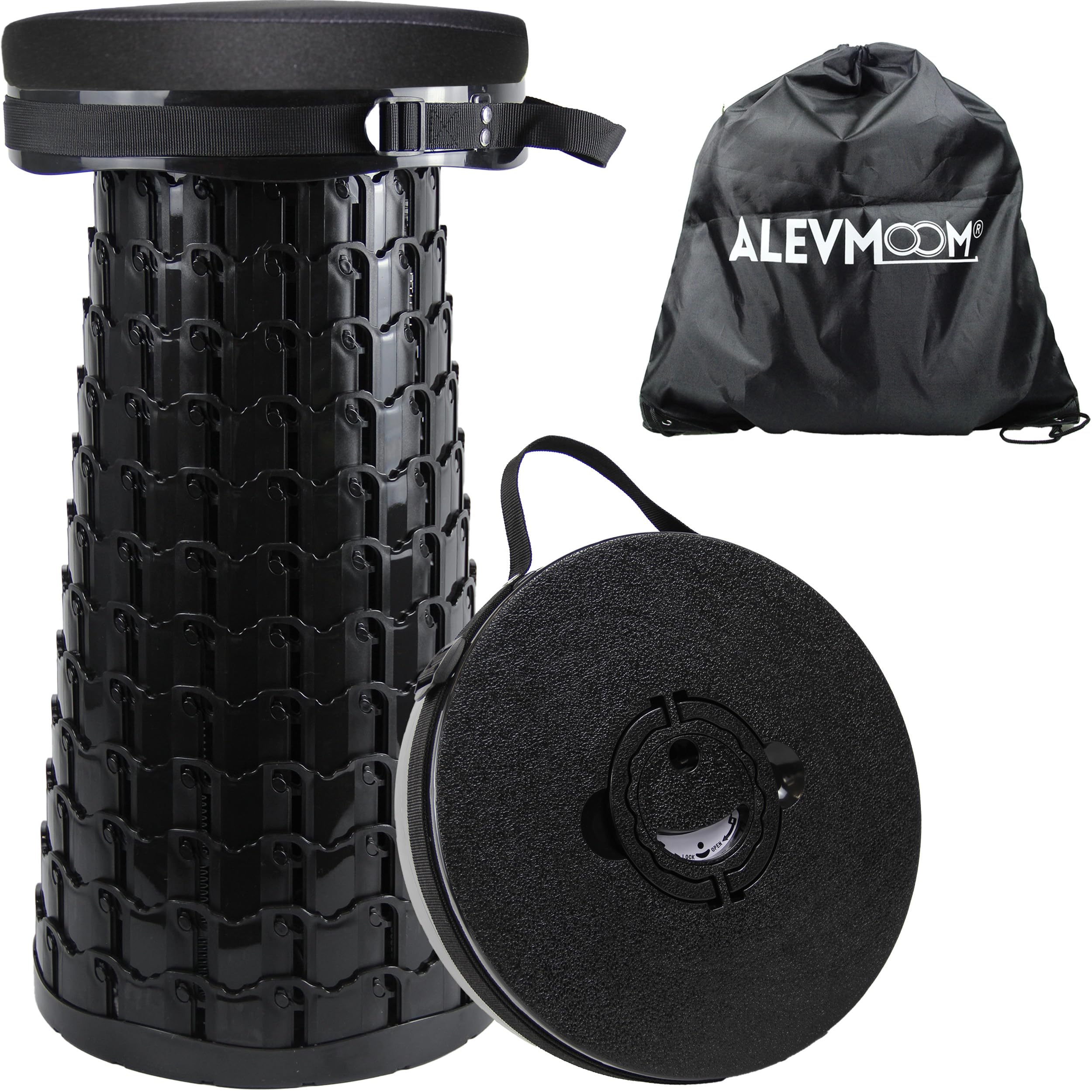 Tabouret télescopique robuste XXXL avec coussin d'assise épais et sac - Hauteur maximale : 59 cm - Charge maximale : 450 kg - Tabouret pliable portable pour camping