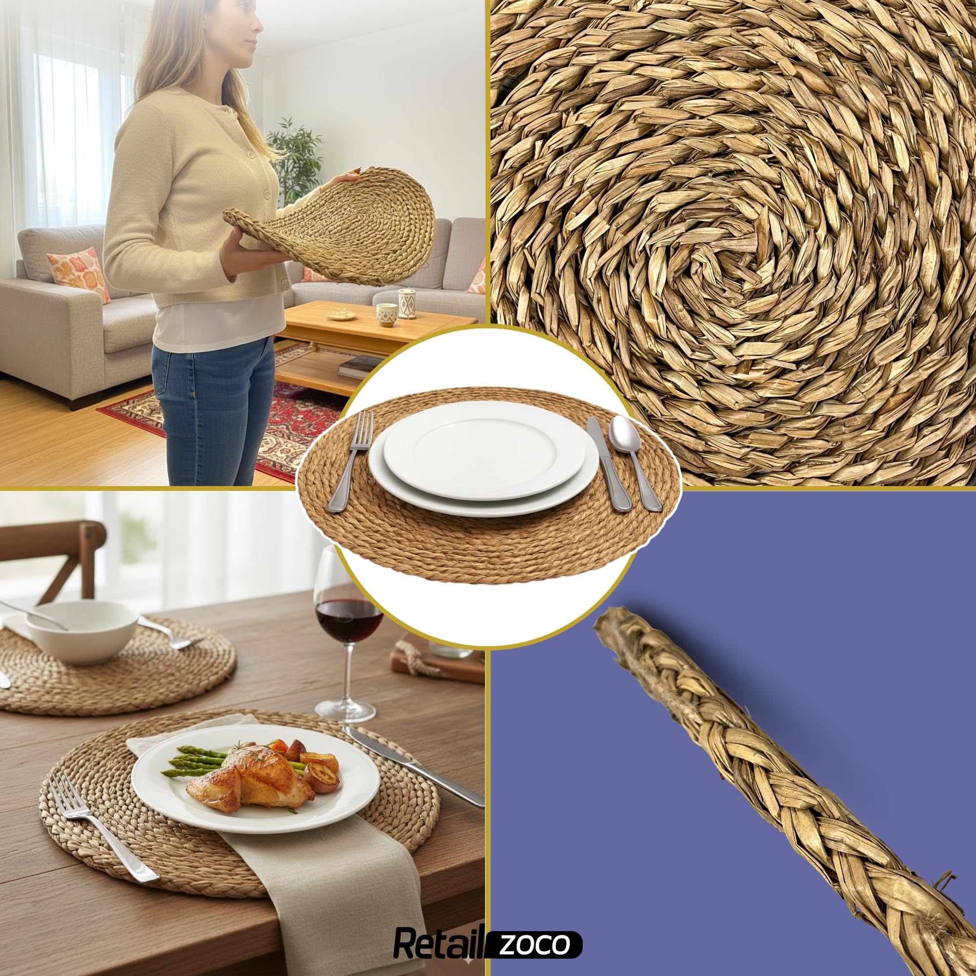 Salvamantel Mimbre Redondo, Mantel Individual, Bajoplatos Redondos, Bajoplatos Mimbre, Apto para el hogar y restaurantes, Resistente al Calor, Diámetro de 45 cm, Pack de 12 Salvamanteles