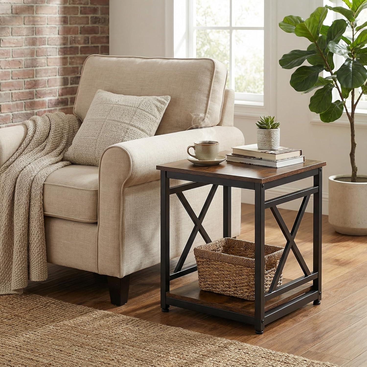 Industrial End Table with 2-Tier Storage Shelf, 18'' Square Side Table with X-Design Metal Frame, Rustic Brown Nightstand Bedside for Living Room Bedroom