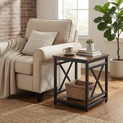 Miniatura 2 de Mesa auxiliar industrial con estante de almacenamiento de 2 niveles, mesa auxiliar cuadrada de 18 pulgadas con marco de metal X-Design, mesita de