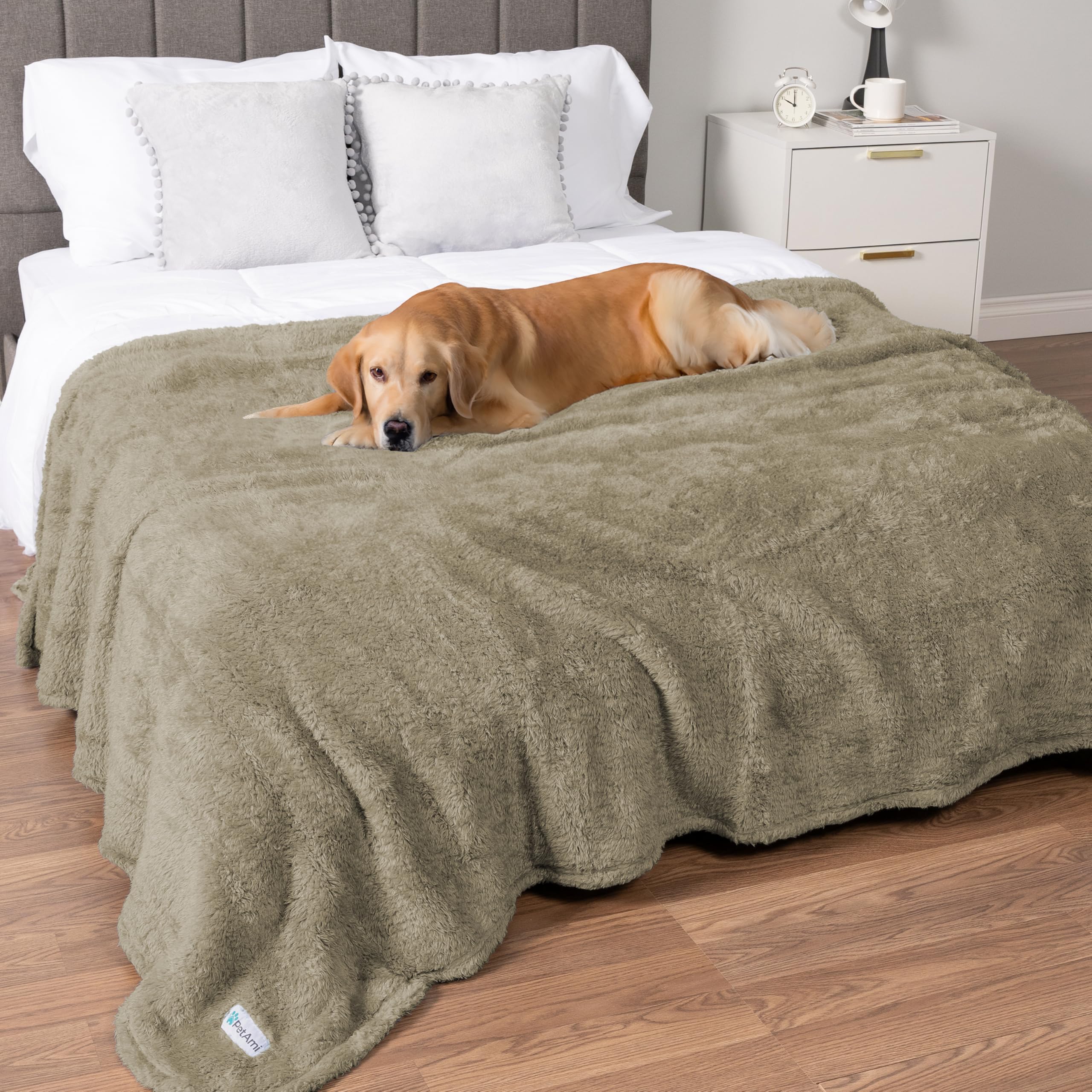 PetAmi Plush Dog Blanket Waterproof Large Dog Blanket Soft Warm Sherpa Reversible Protection Washable Mattress Queen (Camel Taupe, 90"x90")