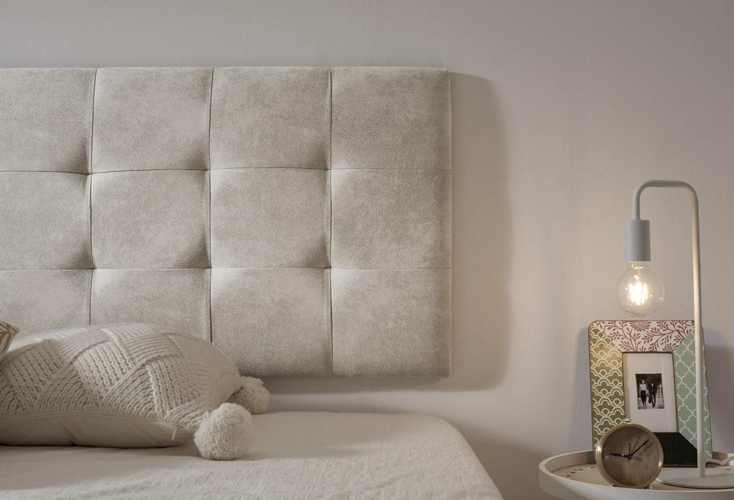 ECCOX - Cabecero de Cama Capitone a Cuadros de Tela Antimanchas Aquaclean- Cabezal Tapizado con Acolchado de Espuma y Refuerzo Trasero - Color Blanco Efecto Granito - 152 cm para Camas de 150 cm
