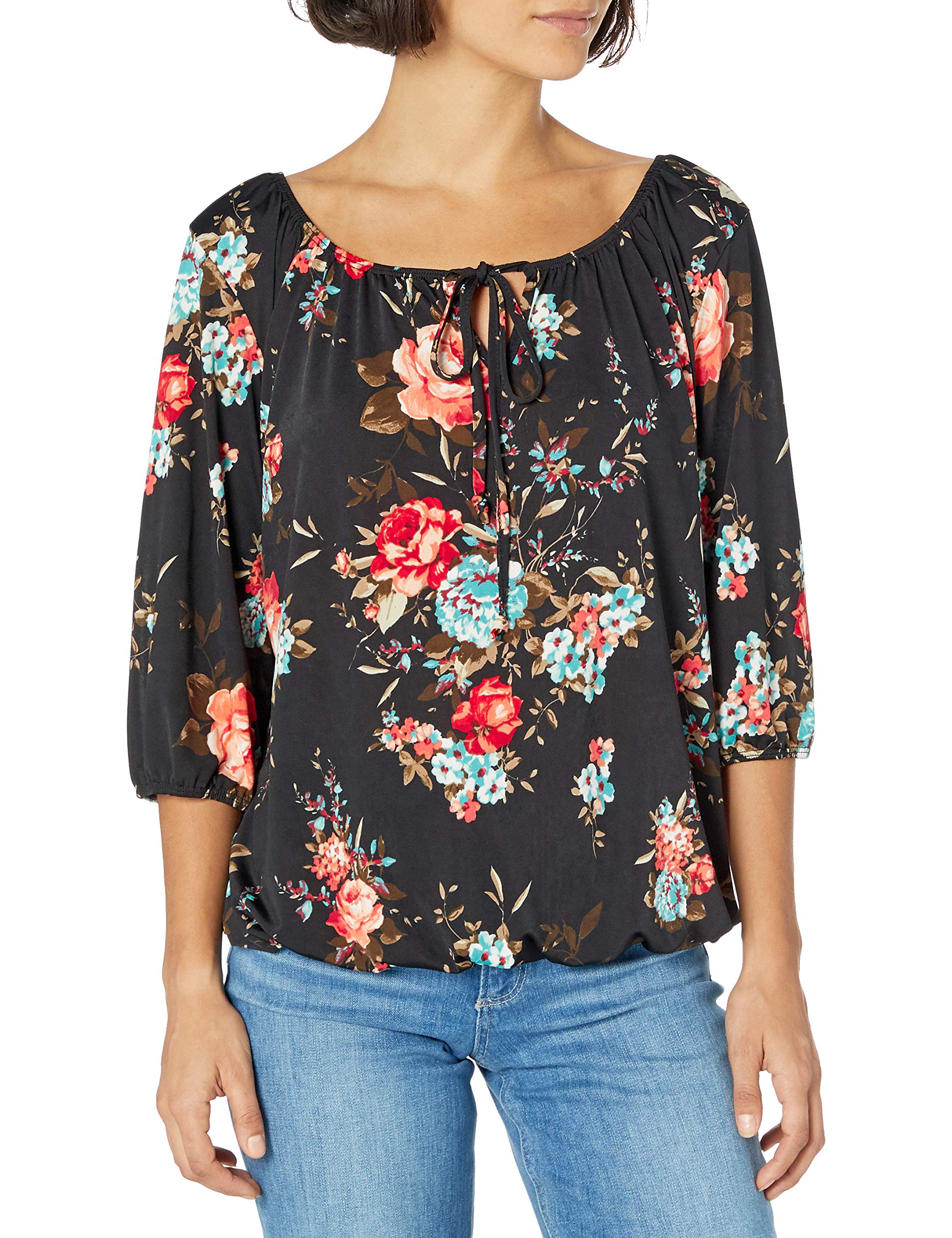 Star Vixen Women's Petite 3/4 Sleeve Tieneck Elasticized Peasant Top, Dark Floral, Large Petite