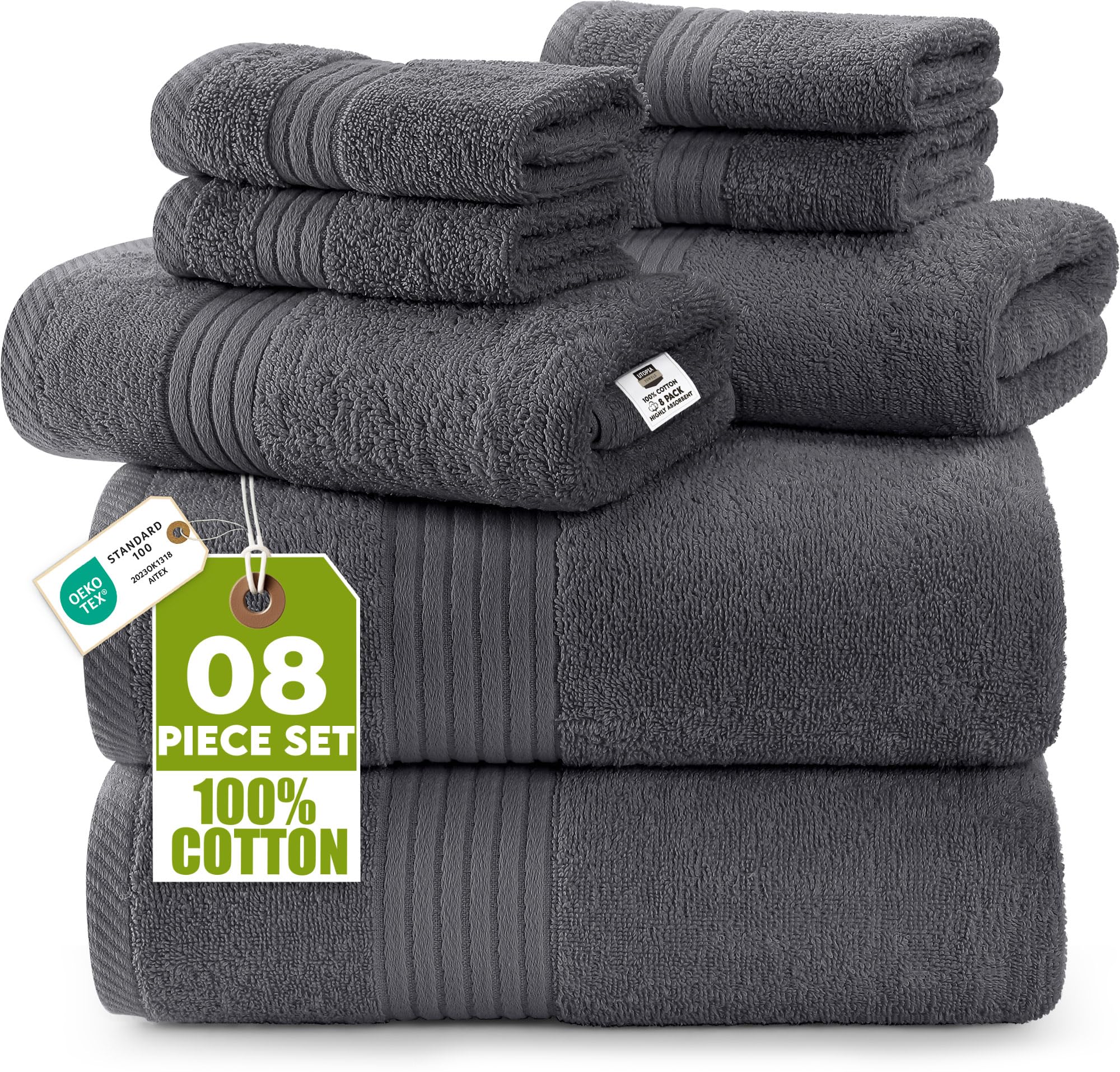 Utopia Towels 8 Piece Premium Towel Set, 2 Bath, 2 Hand, and 4 Washcloths, 100% Ring Spun Cotton, Highly Absorbent Towels for Bathroom, Sports, and