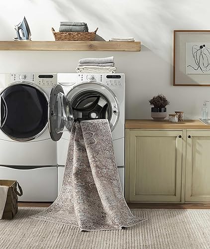 Kemer Collection - Alfombra de pasillo de cocina, lavable a máquina, estilo vintage, envejecida, desteñida, oriental bohemia persa con bordes