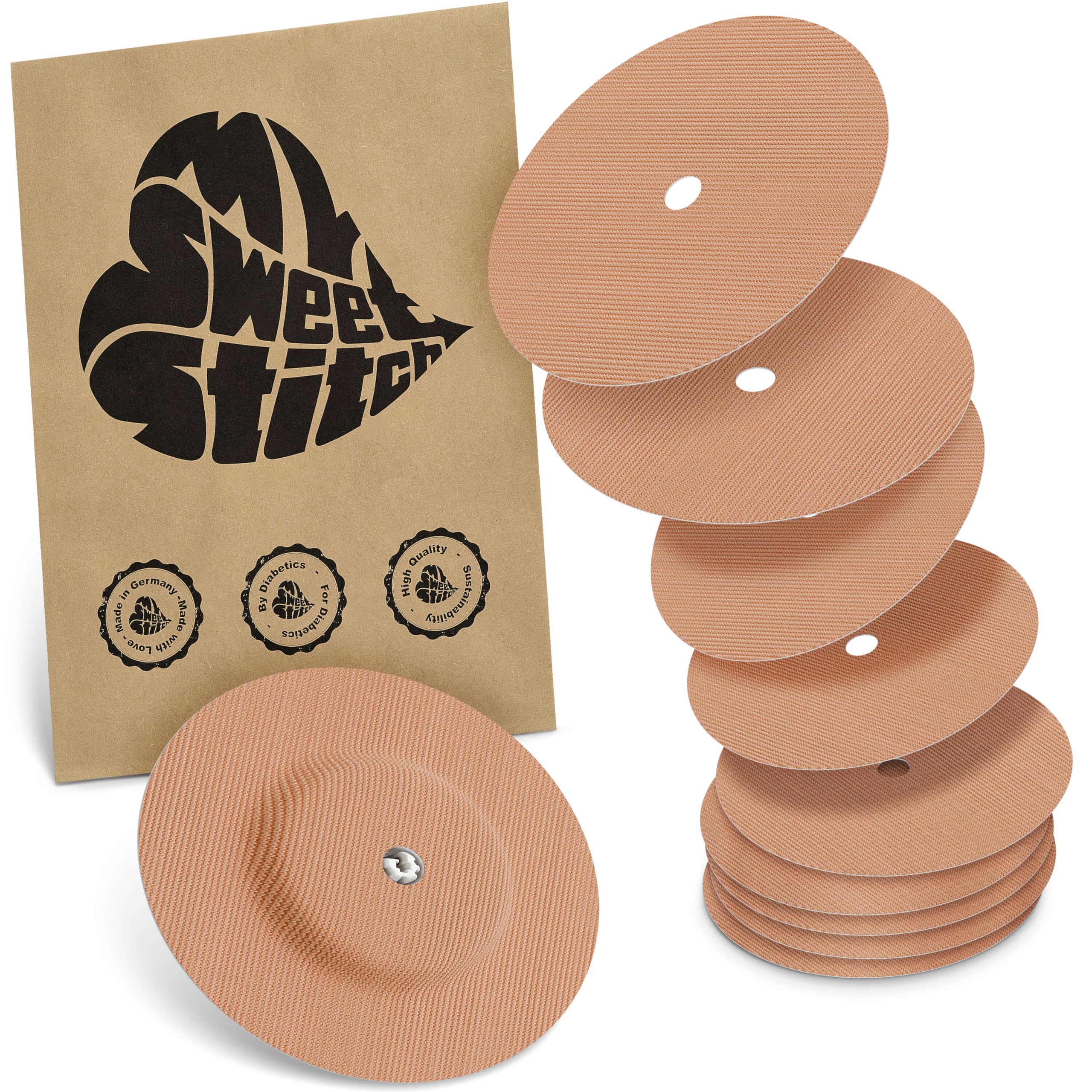 MySweetStitch - 10 x Parche FreeStyle Libre 1 & 2 Redondo con agujero de ventilación, Overpatch Ø 65 mm, protector sensor, parches sensor, impermeable, transpirable, Beige