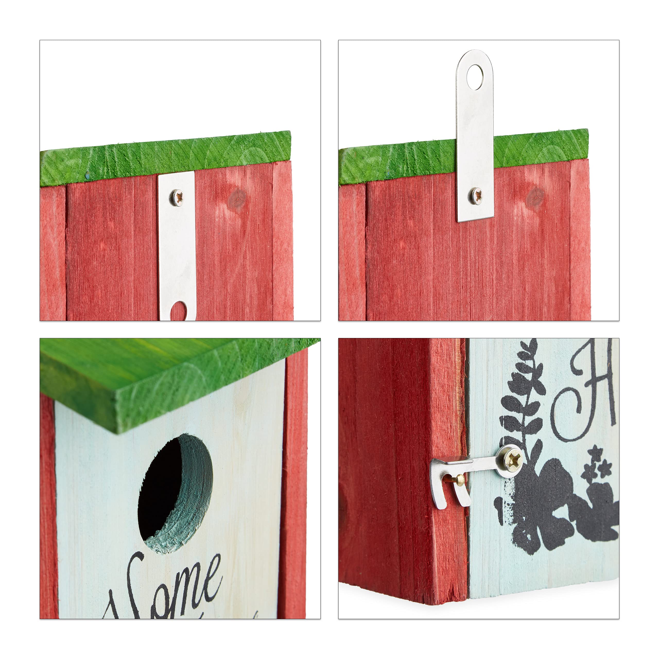 Relaxdays Nichoir à oiseaux HOME SWEET HOME pour petits oiseaux bois porte HxlxP 21,5 x 12 x 15,2 cm à suspendre, vert rouge