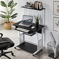 Vista 10 de Yaheetech Escritorio de computadora con ruedas de 3 niveles con bandeja para teclado y estante de impresora para oficina en casa, escritorio