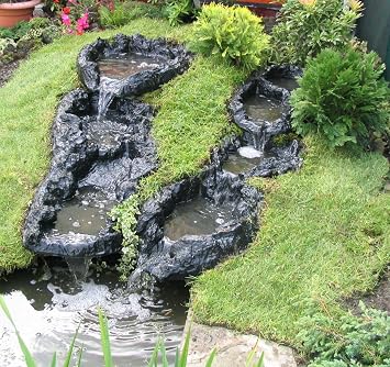 PondH2o Small Pond Watercourse 2 Pools, Lightweight Black PVC Water Garden Pond Waterfall Spillway Outdoor Water Feature for Garden, Pond, and Backyard, No Hose Connections