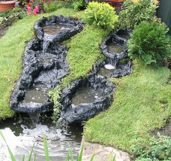 PondH2o Small Pond Watercourse 2 Pools, Lightweight Black PVC Water Garden Pond Waterfall Spillway Outdoor Water Feature for Garden, Pond, and Backyard, No Hose Connections