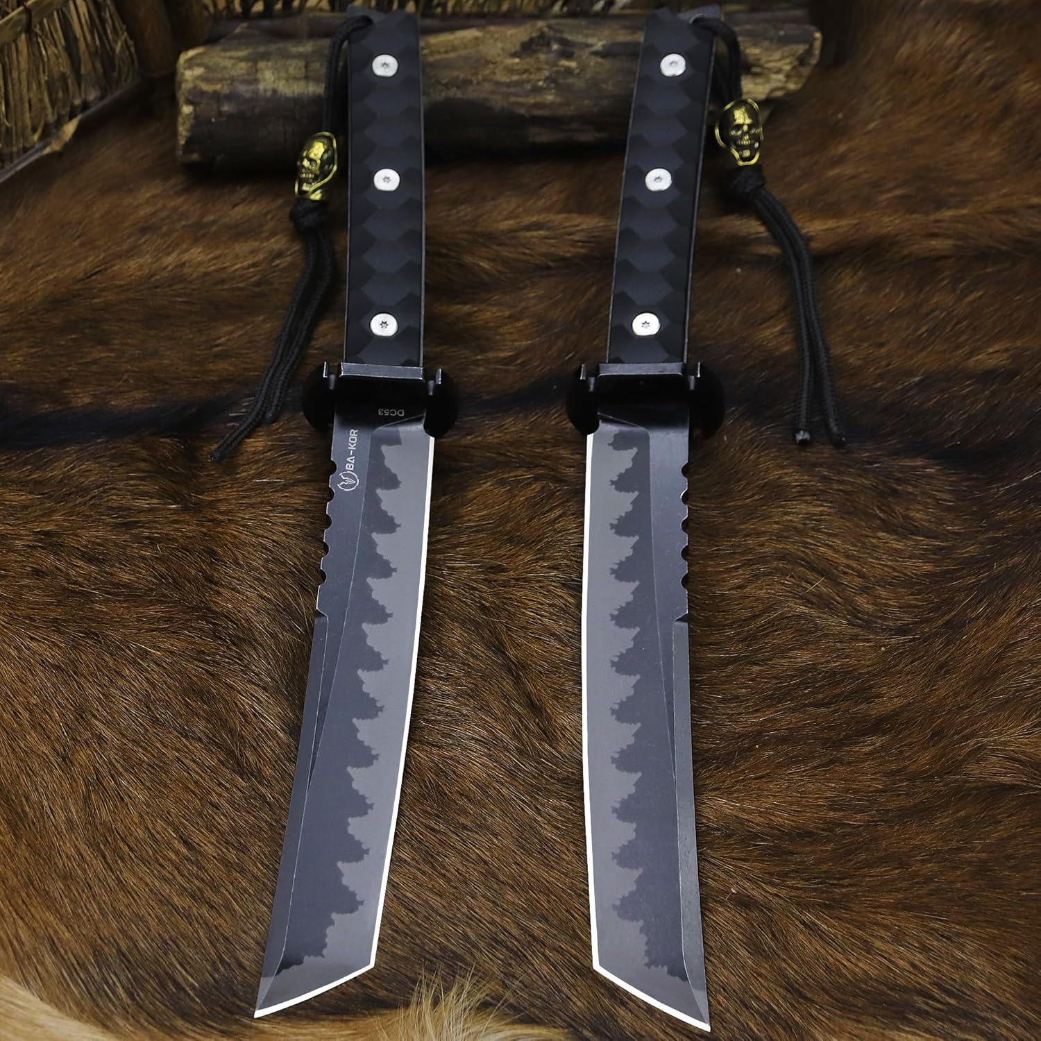BA-KOR 15.8in Full Tang Japanese Style Outdoor Knife –8mm DC53 Steel, Nylon Fiber Handle &Sheath, Hunting Survival Knife+(5.9in) cerium igniter (Black handle and black blade (8mm))