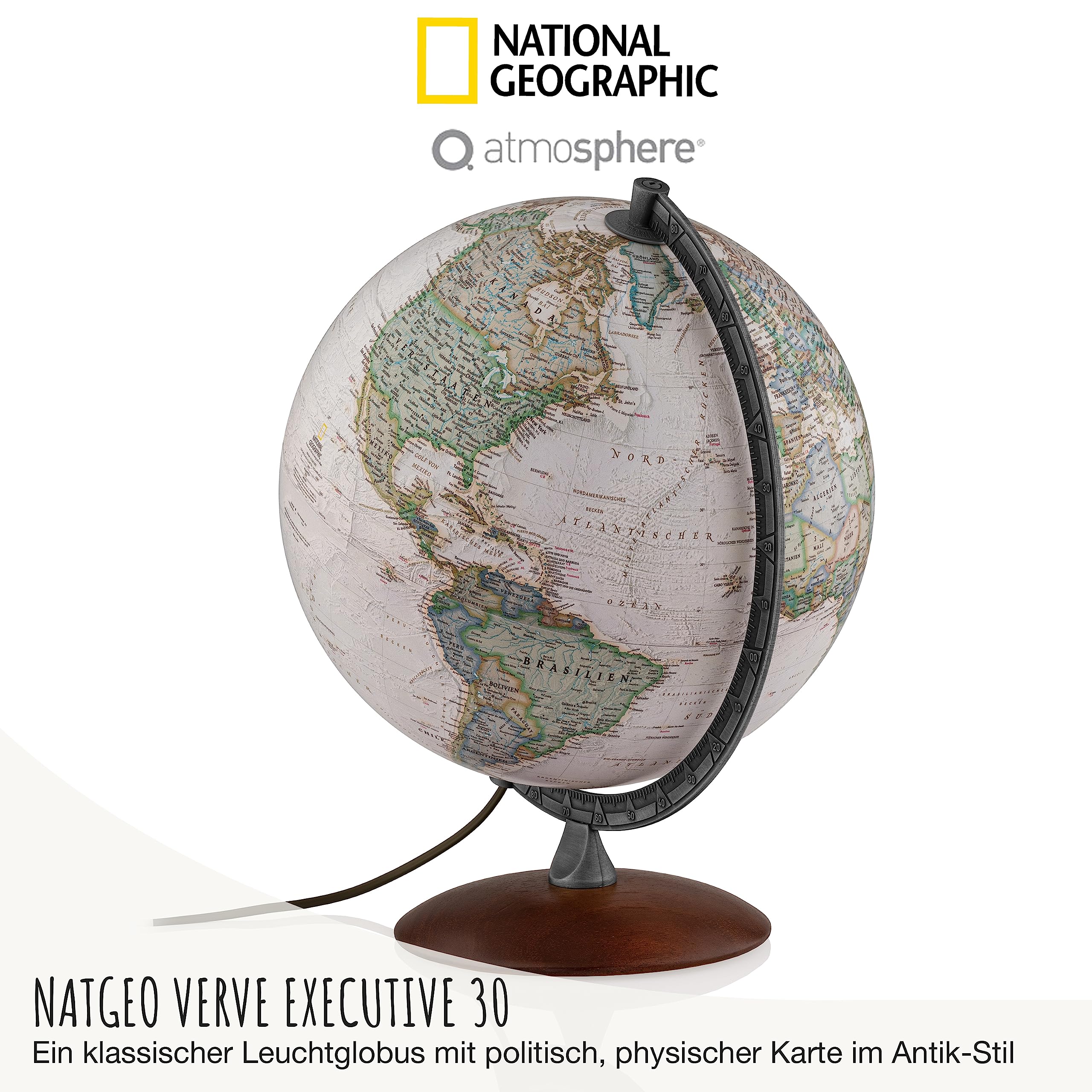 National Geographic Verve Executive Antik-Globus - 30 cm Globus mit politisch-physischer Kartografie in deutscher Sprache, beleuchtet und mit drehabren Holzfuß und Metallmeridian