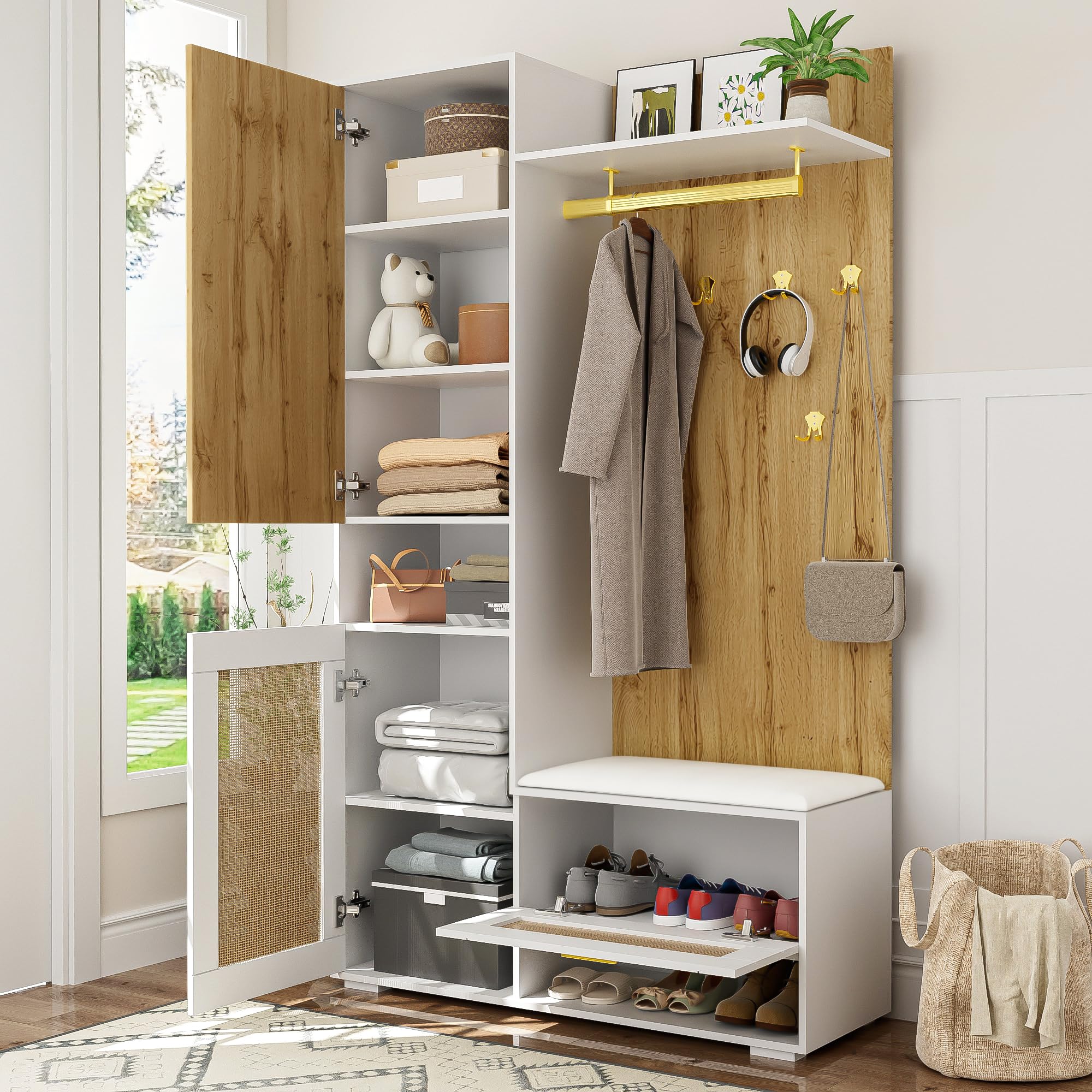 Garderobenset mit Spiegel und LED, Wandgarderobe mit Schuhbank, 110x38x190cm