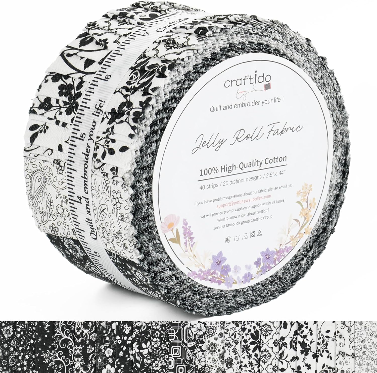 Craftido-18 Options-100% Cotton Jelly Roll Fabric Precut Strips for Quilting, Crafting, and Sewing, 40 Strips 2.5" x 44" Assorted Bundles for Rug, Quilt, DIY Craft and Home Decor-Black & White Flower