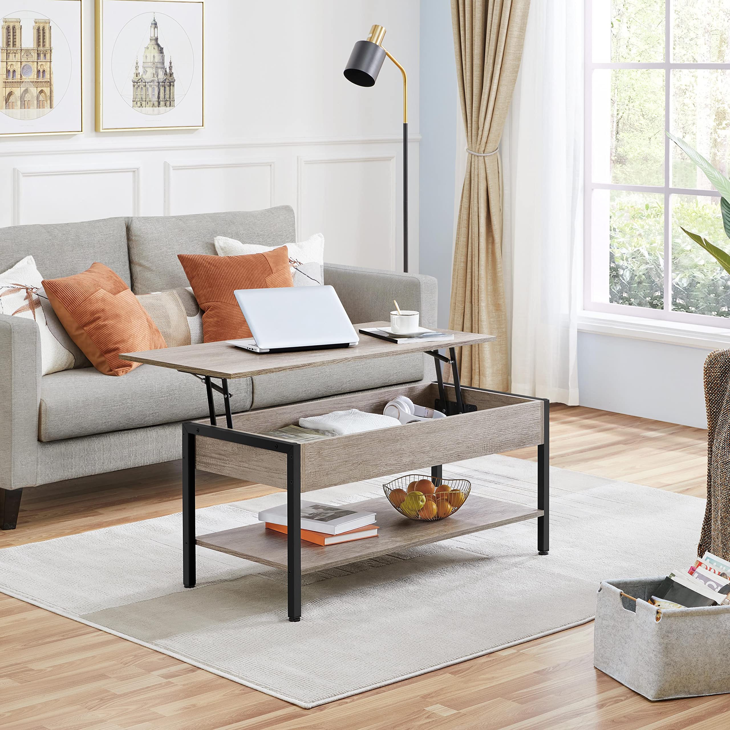 Yaheetech Mesa de Centro Elevable con Mecanismo 104,5x49,5X(47-62) cm | Hidráulico Diseño Industrial de Doble Nivel Mesa Baja de Industrial para Sofa Salon Gris