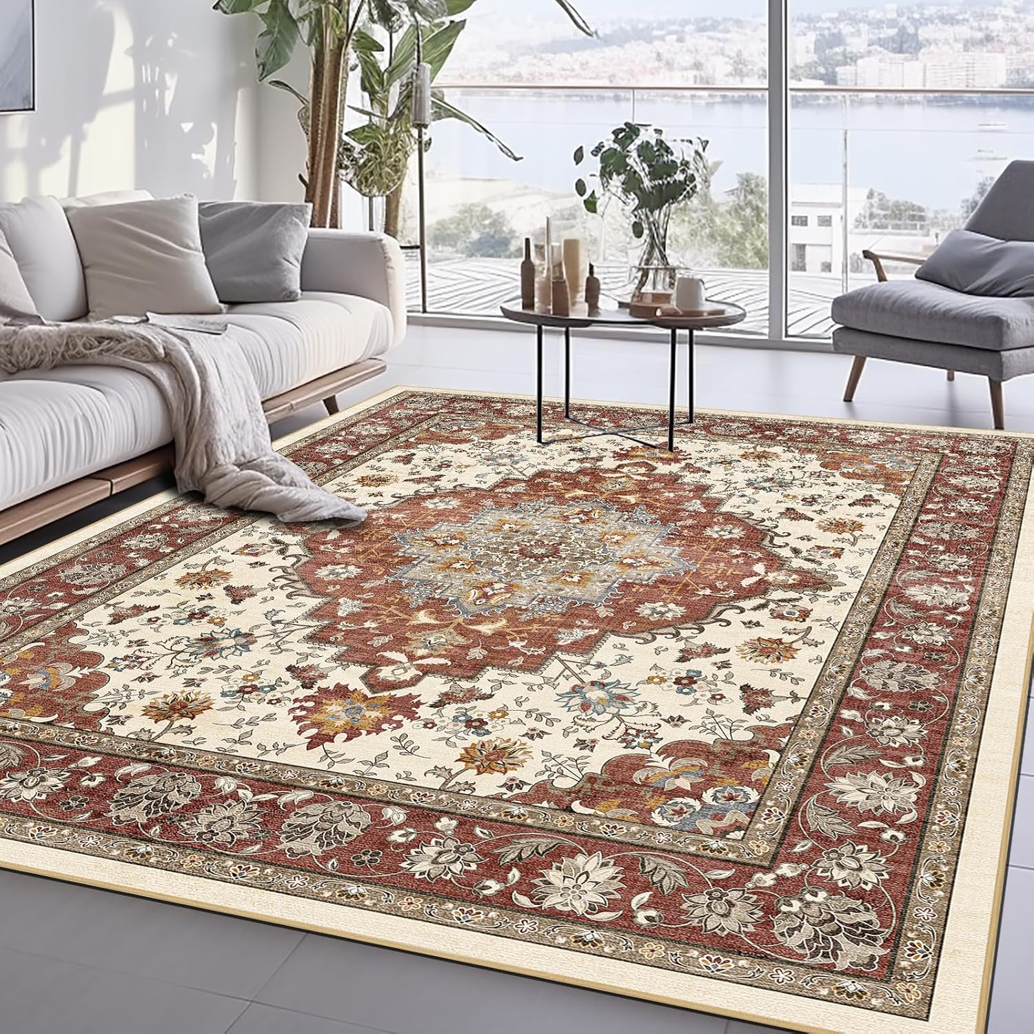 area rug for living room, indoor machine washable rug for bedroom vintage rug dinning room floor carpet non-slip backing rugs floral soft low-pile office rug (brick/ivory, 9' × 12') 9' × 12' brick/ivory