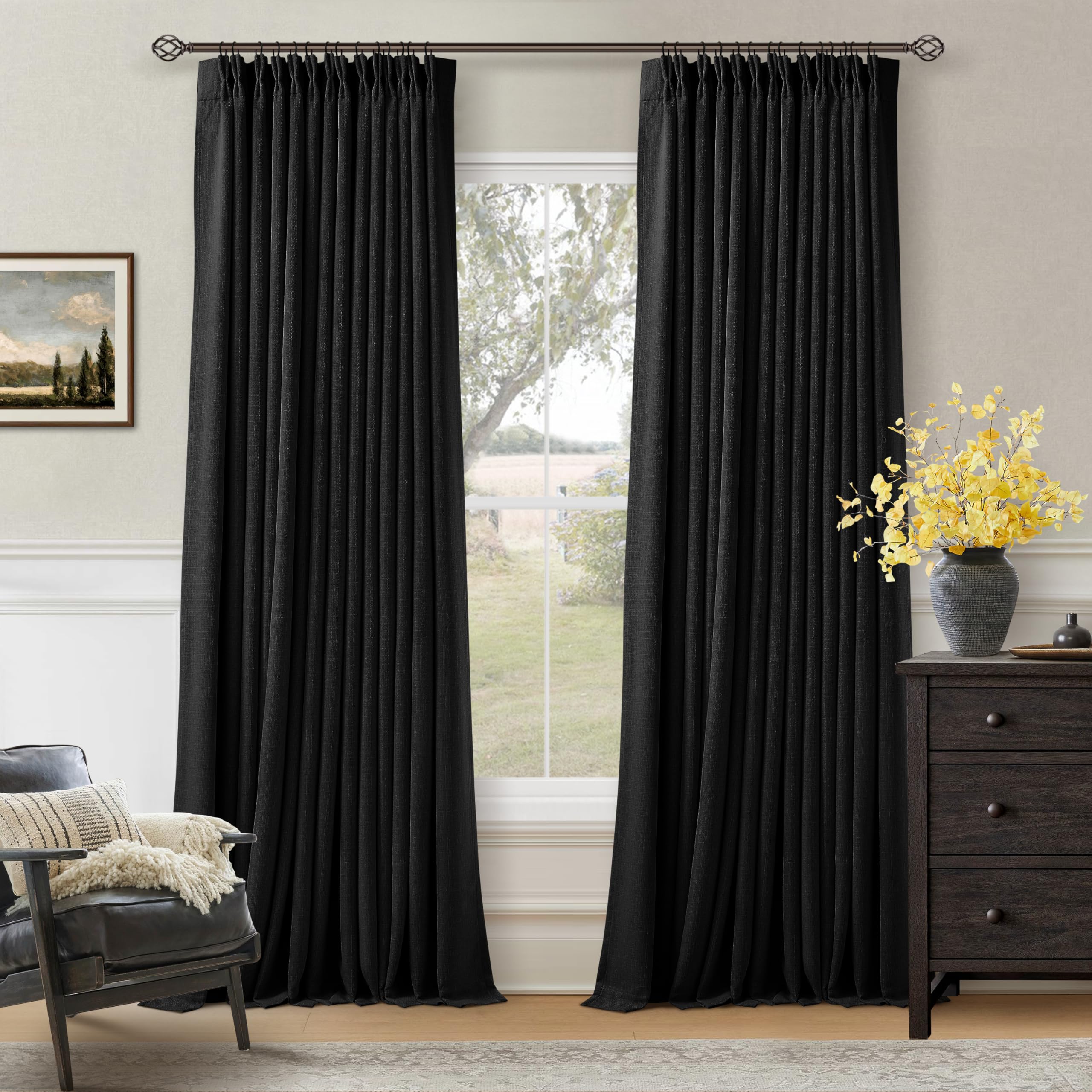 Black Pinch Pleated Blackout Linen Curtains 120 Inches Long for Living Room Bedroom 2 Panels Room Darkening Thermal Insulated Neutral Black Farmhouse 100% Blackout Window Curtain Drape 120 Inch
