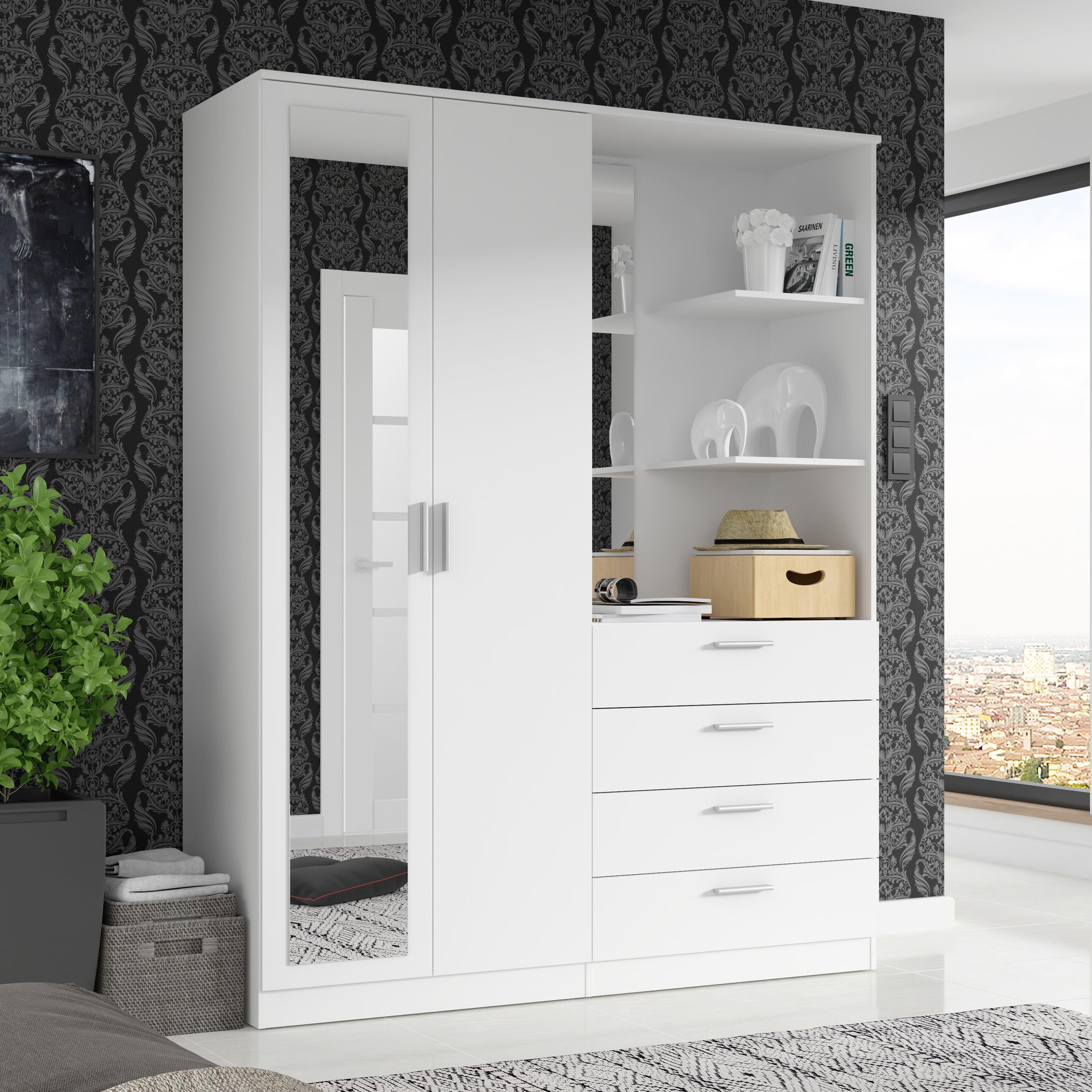 Forte DEWANIA Kleiderschrank 160, Schrank mit offenen Regalfächern und Spiegel, Holzwerkstoff, Weiß, 159,3 cm breit, 203,4 cm hoch, 52,7 cm tief