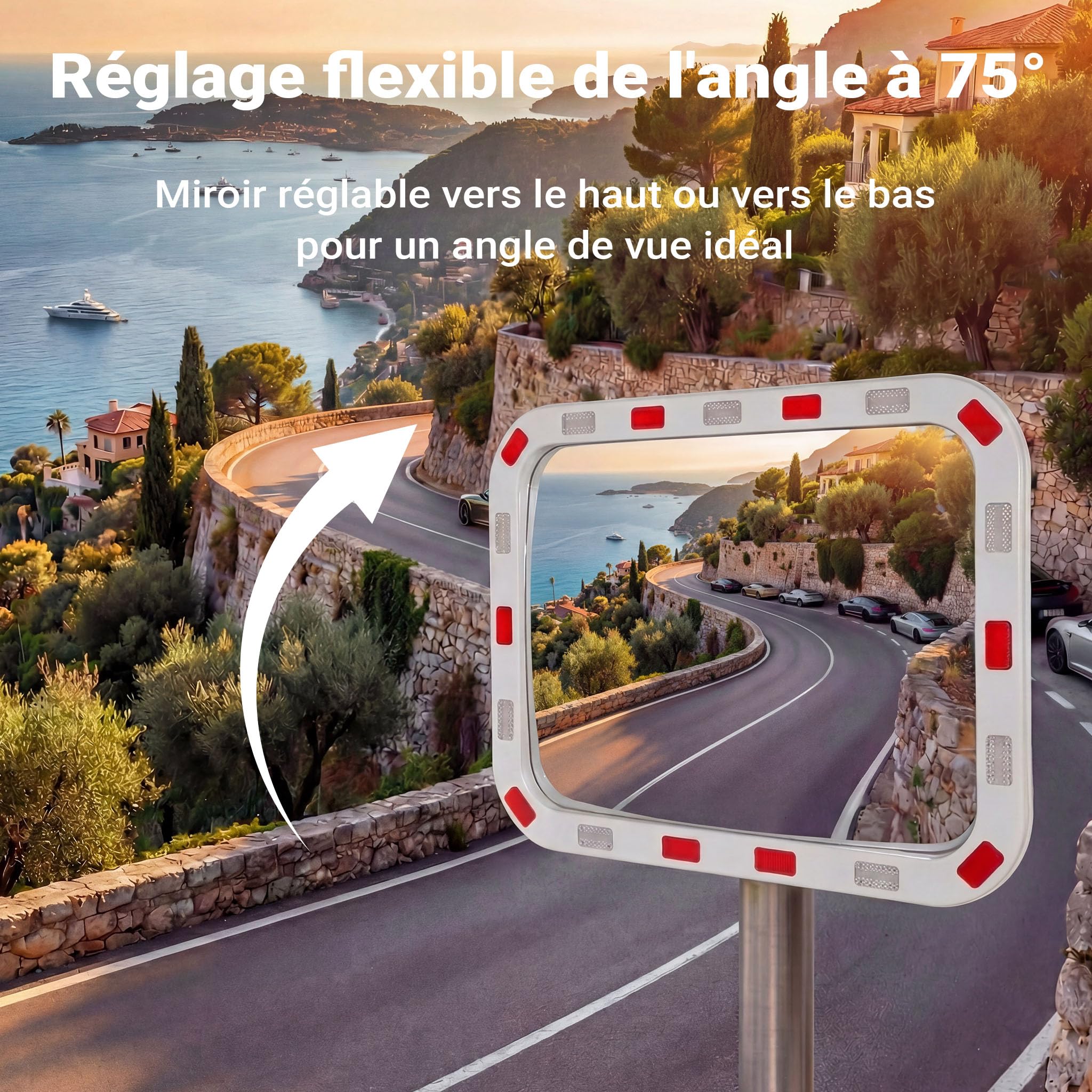 Wiltec Miroir routier convexe de circulation 50 x 70 cm Champ de vision de 130°-130° Bandes réfléchissantes Blanc-rouge Sécurité routière Outdoor Indoor Polycarbonate solide Surveillance Rue Magasin