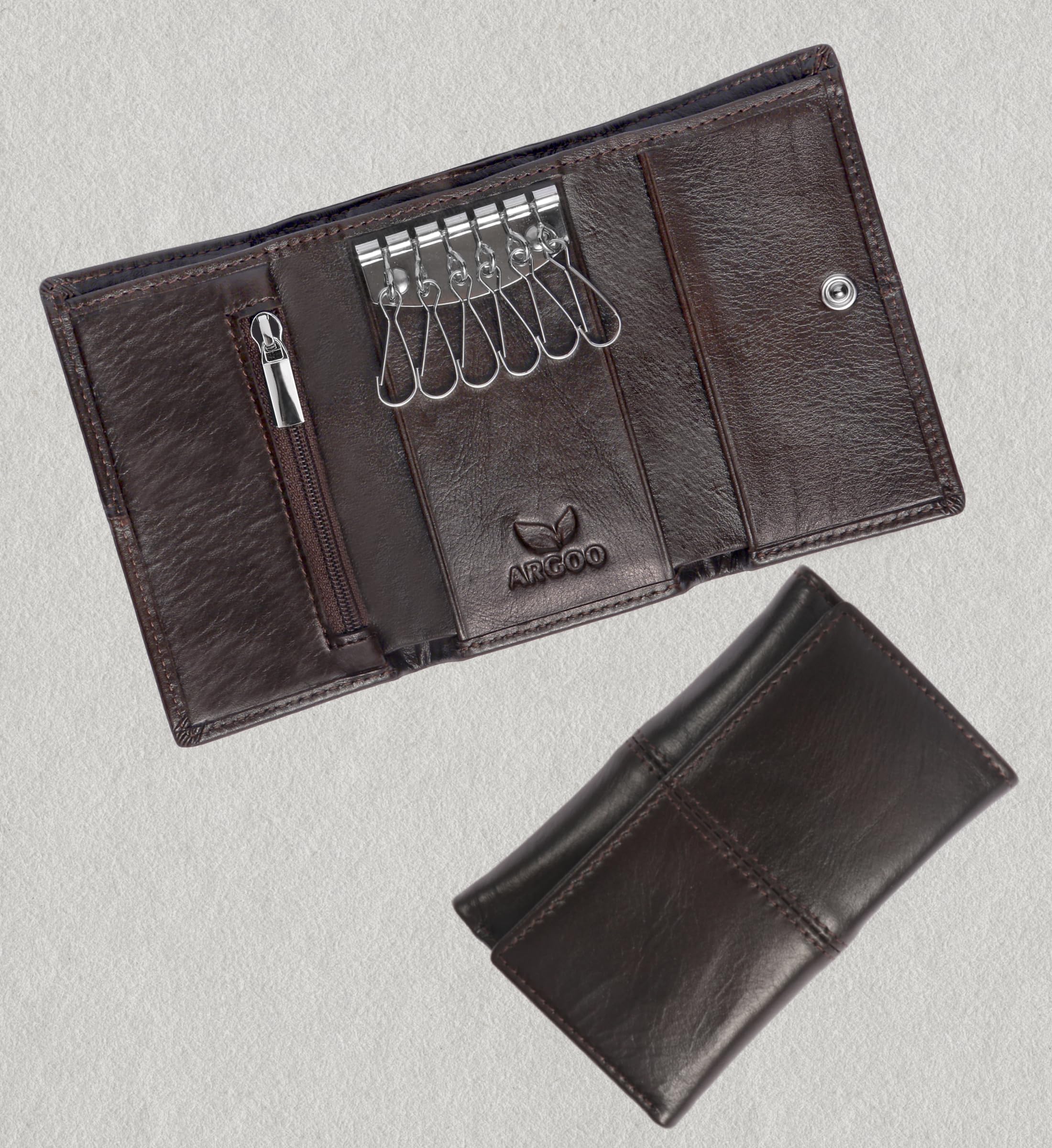 ARGOO Étui à clés en cuir véritable pour homme et femme, triple pliage, multifonction, en cuir, avec crochet à clés, compartiment à billets séparé