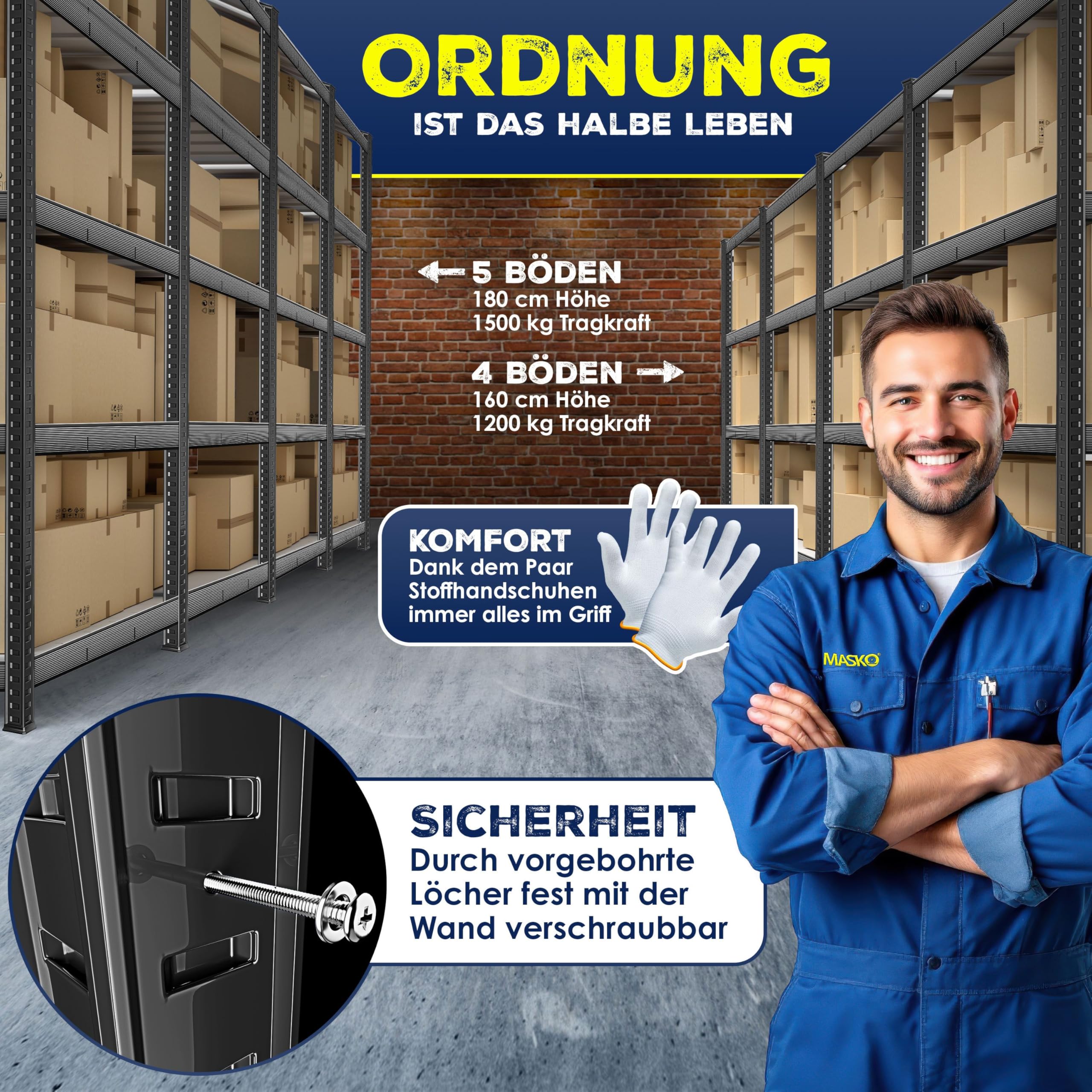 MASKO® Schwerlastregal Lagerregal Kellerregal 180x160x60cm, 1500kg belastbar, 5 verstellbare Ablagen, MDF-Platten Regal aus Metall, Steckregal, Werkstattregal Stahlgestell Garage Werkbank Schwarz