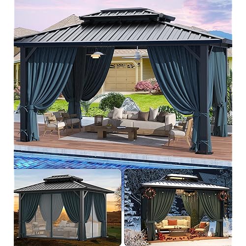 HOTEEL 10x12 Hardtop Gazebo Hot Tub Gazebo with Flame-Retardant Curtain Netting, Heavy Duty Pavilion with Galvanized Steel Double Roof, Aluminum Frame Outdoor Canopy for Patio, Party (2025 Upgraded)