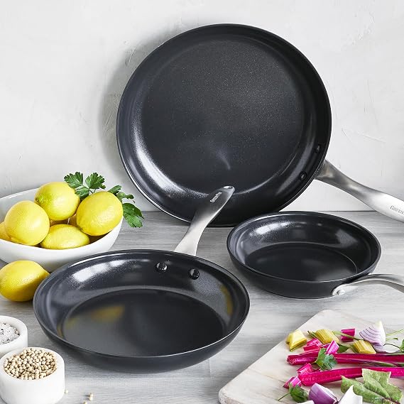 GreenPan Black 3 Piece Frying Pan Skillet Set, 8, 10, and 12, Healthy Ceramic Nonstick PFOA and PFAS-Free, Hard Anodized, Stainless Steel Handles, Oven Safe