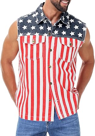 AOBUTE Mens 4th of July Denim Vest American Flag Print Sleeveless Jean Jacket