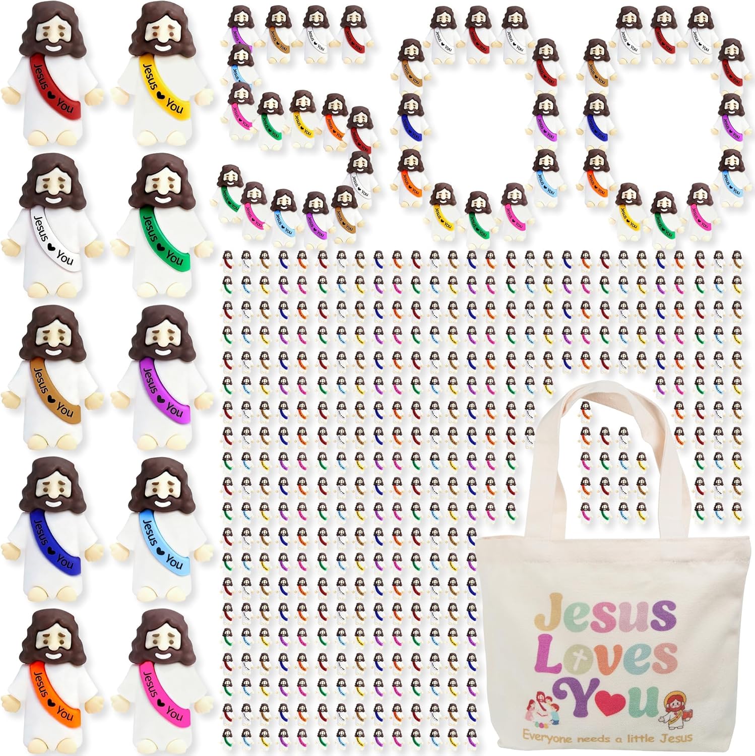 500 Pcs Little Jesus Figures– Rubber Mini Jesus Figurines in Bulk Tiny Baby Jesus Loves You Figures With Canvas Bag for Hide and Seek Easter Egg Fillers Egg Hunt Party Favors Gifts (10 Color*500)