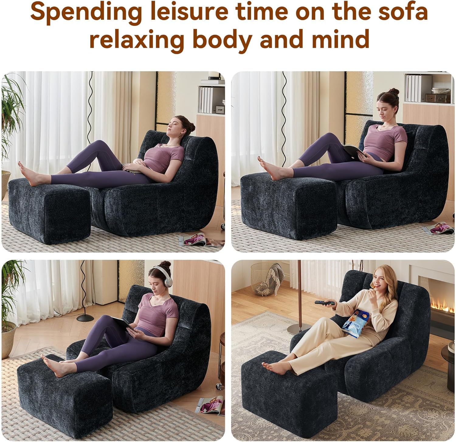Bean Bag Chair, Giant Bean Bag Couch for Adults and Kids with Memory Foam, Comfy Reading Chair for Bedroom, Living Room, Ultra Soft & Back Support, with Footrest,(Black)