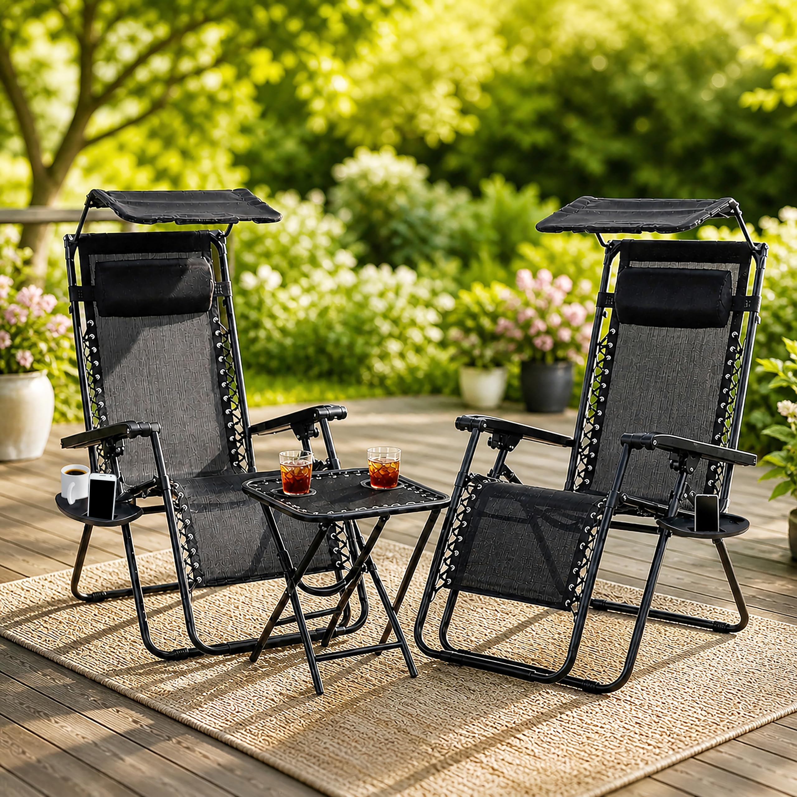 Garden Mile 3PCS Zero Gravity Reclining Sun Lounger Set with Table 2 Foldable Garden Chairs with Canopy Shade, Side Tray, Cup & Phone Holders, Headrest Patio Sun Loungers for Garden, Camping, Beach