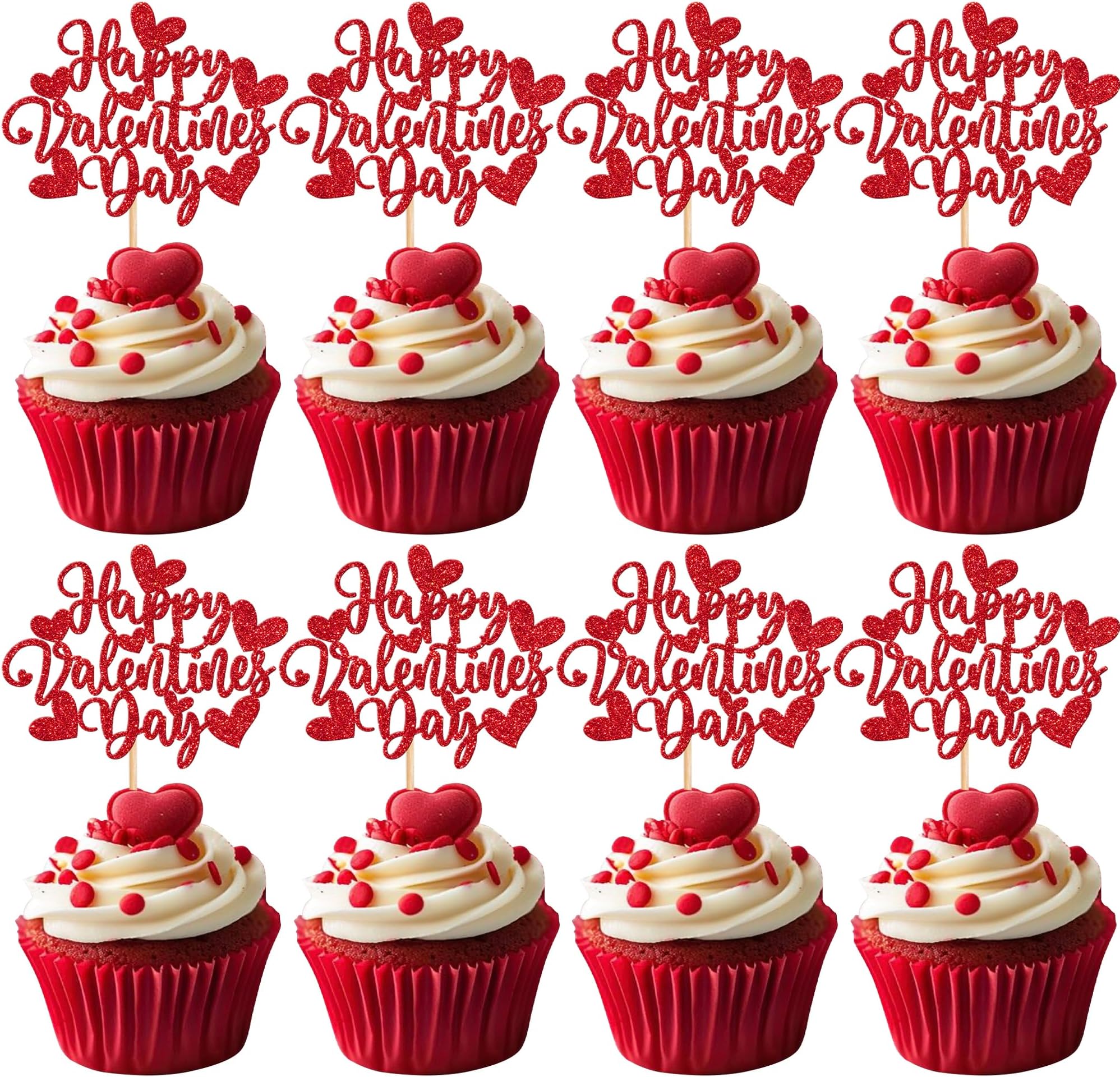Rsstarxi 24 Pack Happy Valentine's Day Cupcake Toppers Red Glitter Sweet Heart Love You Cupcake Picks Decoration for Valentine's Day Theme Wedding Birthday Party Cake Decorations Supplies