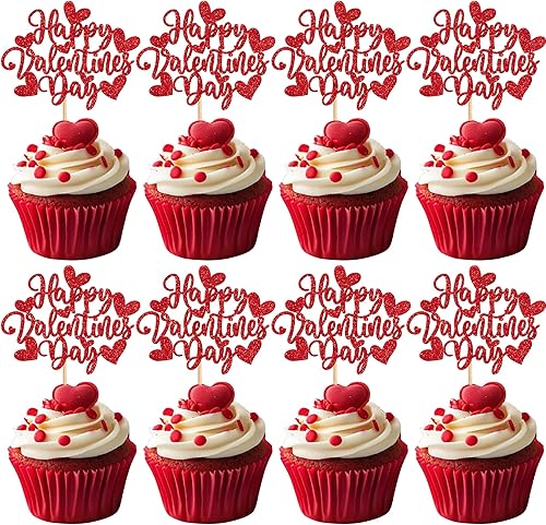 Miniatura 58 de Rsstarxi Paquete de 24 adornos rojos para cupcakes para el día de San Valentín con purpurina de corazón dulce para cupcakes, decoración de pasteles