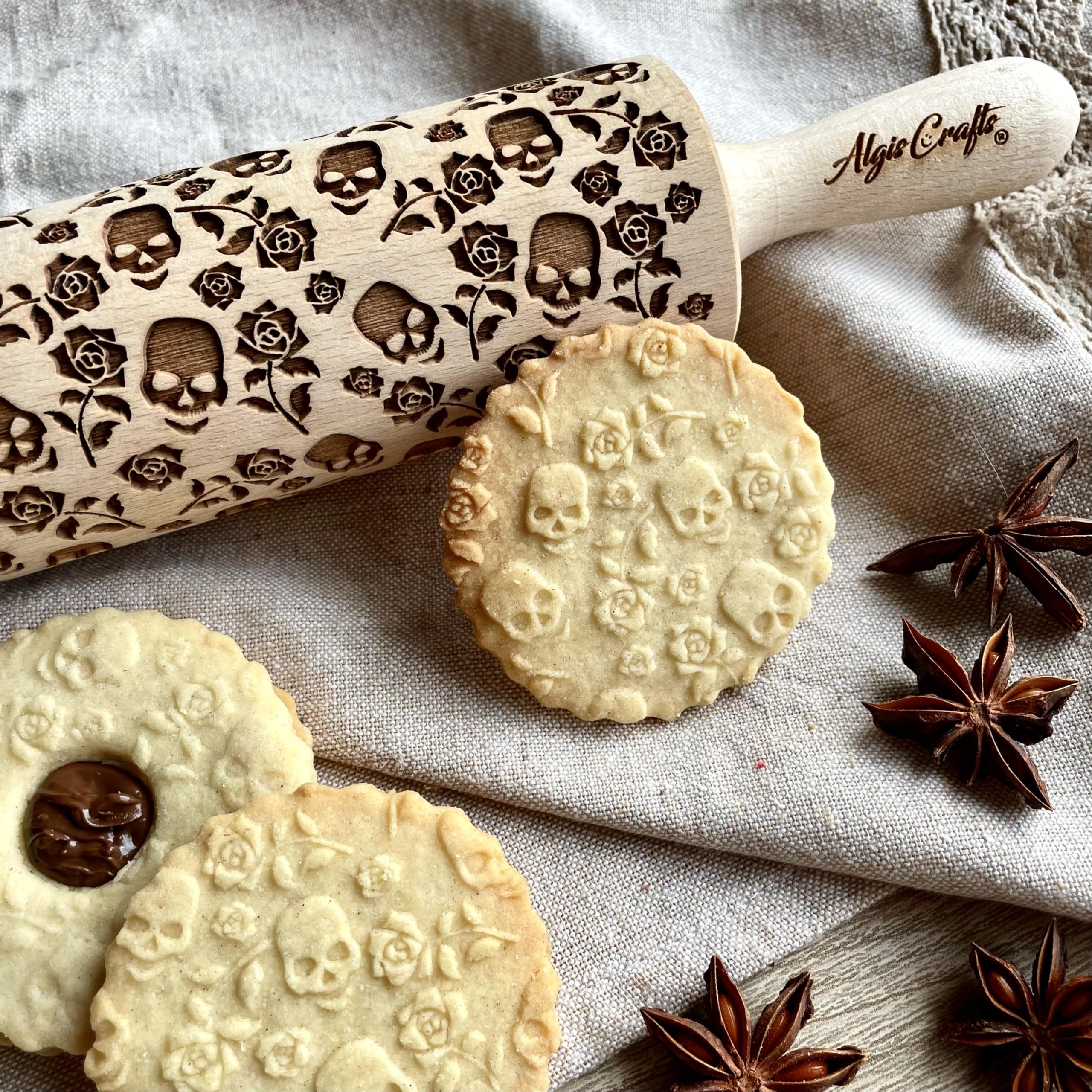 SKULLS and ROSES Embossing Rolling Pin. Laser Engraved Dough Roller for Embossed Cookies and Pottery by Algis Crafts