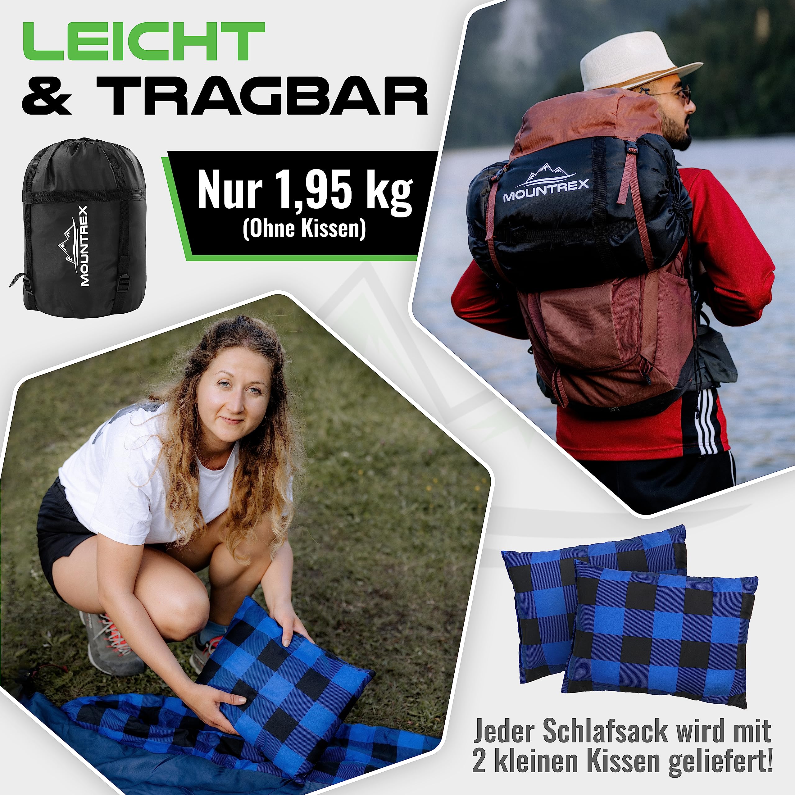 MOUNTREX Podwójny śpiwór – letni śpiwór dla 2 osób (210 x 150 cm), śpiwór letni XXL z 2 poduszkami pod głowę, dla dorosłych – na kemping, do użytku na zewnątrz i wewnątrz