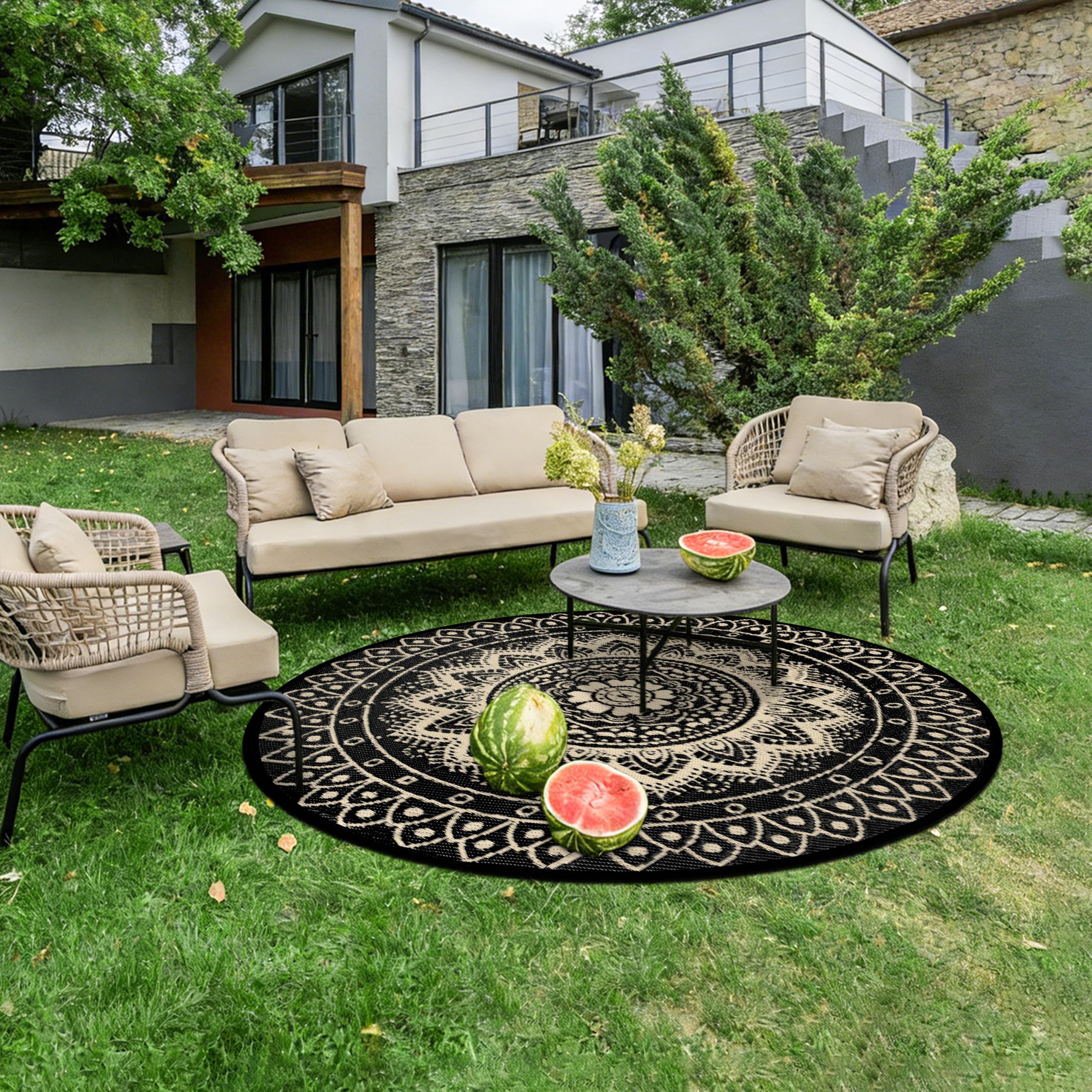 Tapis d'extérieur Rond pour terrasse 150cm réversible imperméable et Pliable bohème pour Camping-carTapis de Pique-Nique et de Camping pour RV, Balcon, Plage, terrasse, Noir/Marron