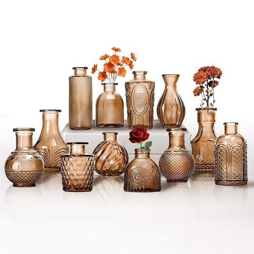Mini Bud Vases Centerpieces for Tables, for Flowers,Small Flower Vases Suitable for Birthday Party,Anniversary,Wedding Reception,Baby Shower (Amber, 12PCS)
