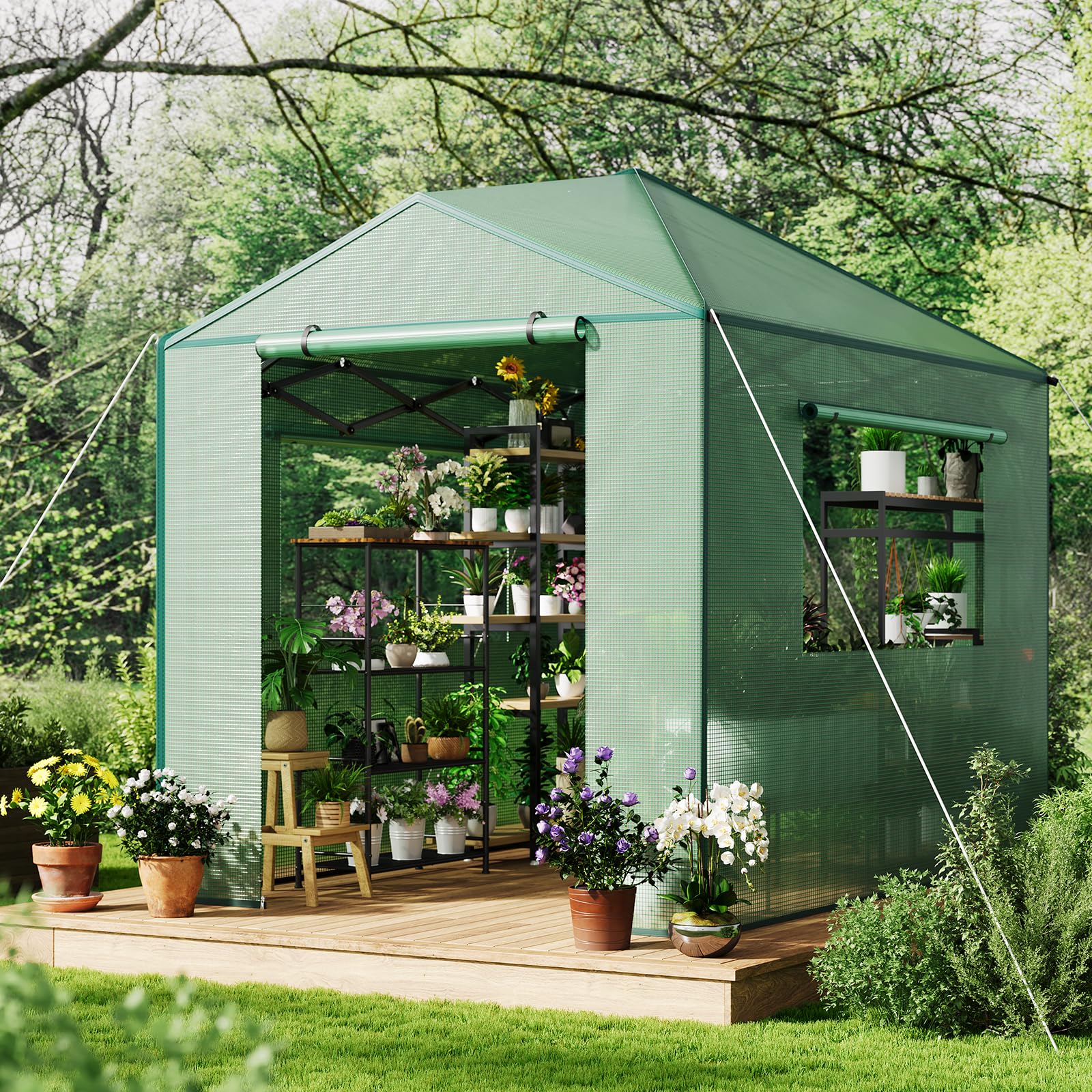GarveeHome Gewächshaus Tunnel – Stabiler PE-Bezug, robuster Rahmen, Zipper-Türen & Mesh-Fenster, schneller Aufbau, UV-beständig, Winterfest – Ideal für Pflanzenaufzucht im Garten, Innen