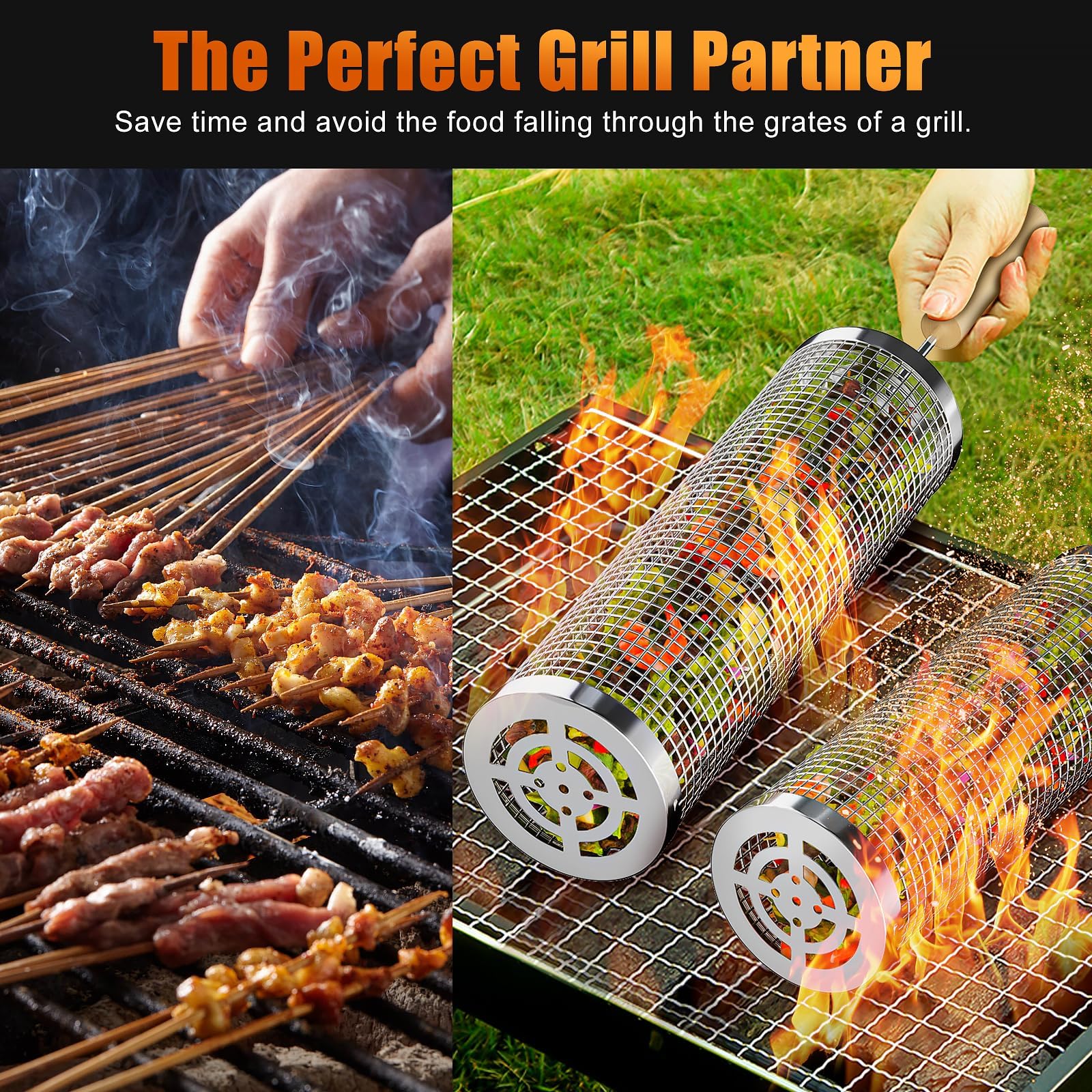 Cestas de parrilla con ruedas para parrilla al aire libre, 2 cestas para parrilla de barbacoa, juego de accesorios para parrilla de barbacoa de acero inoxidable, herramientas de cocina de picnic para 3