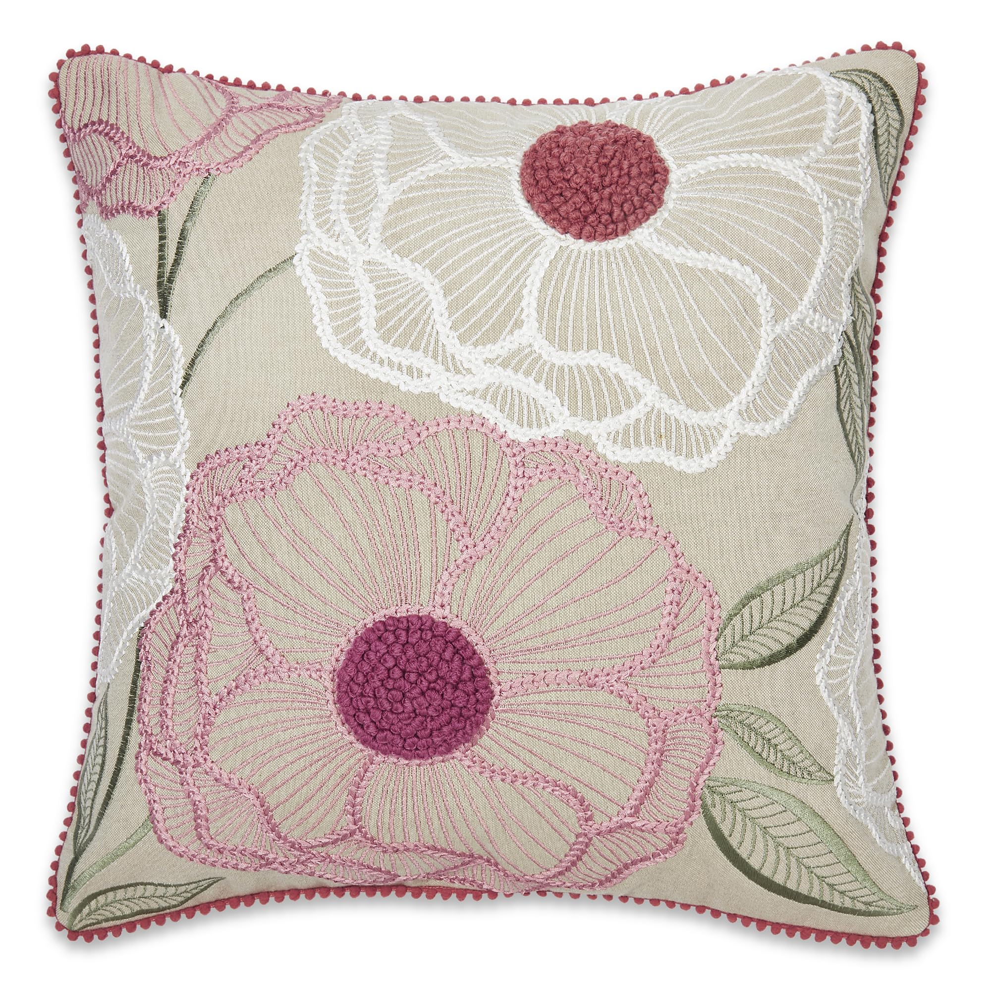 haus & kinder Cotton Decorative Embroidered Cushion Cover | Knitted Chambray Front Throw Pillow Cushion Cover for Sofa Living Room | 16Inch X 16Inch | Outline Floral, 260 TC
