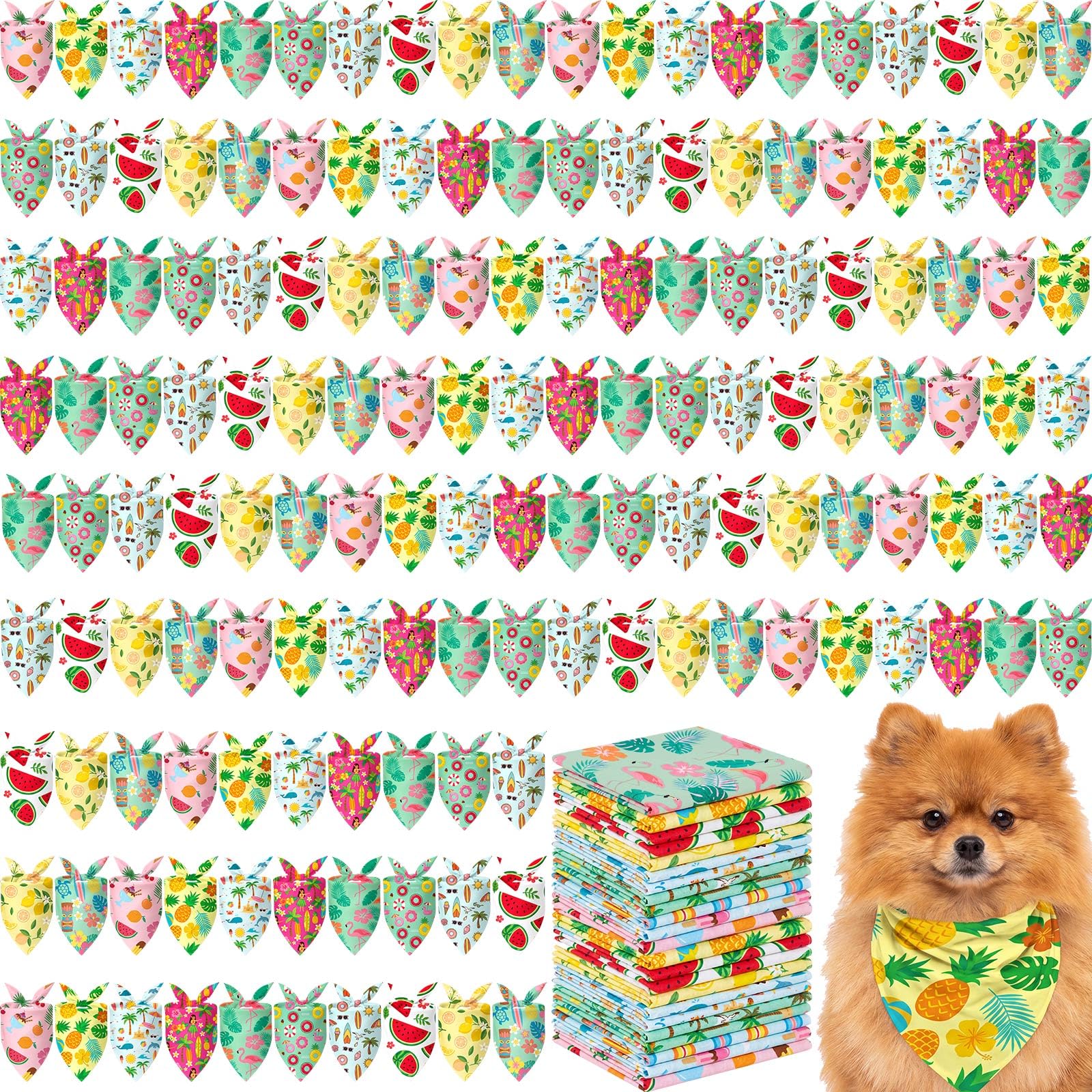 Shyyween 100 Pcs Summer Bandanas Bulk for Dogs Kerchief Bibs Scarves with Beach, Fruit, Hawaii Ice Cream Luau Aloha Pool for Small Medium Large Grooming Accessories
