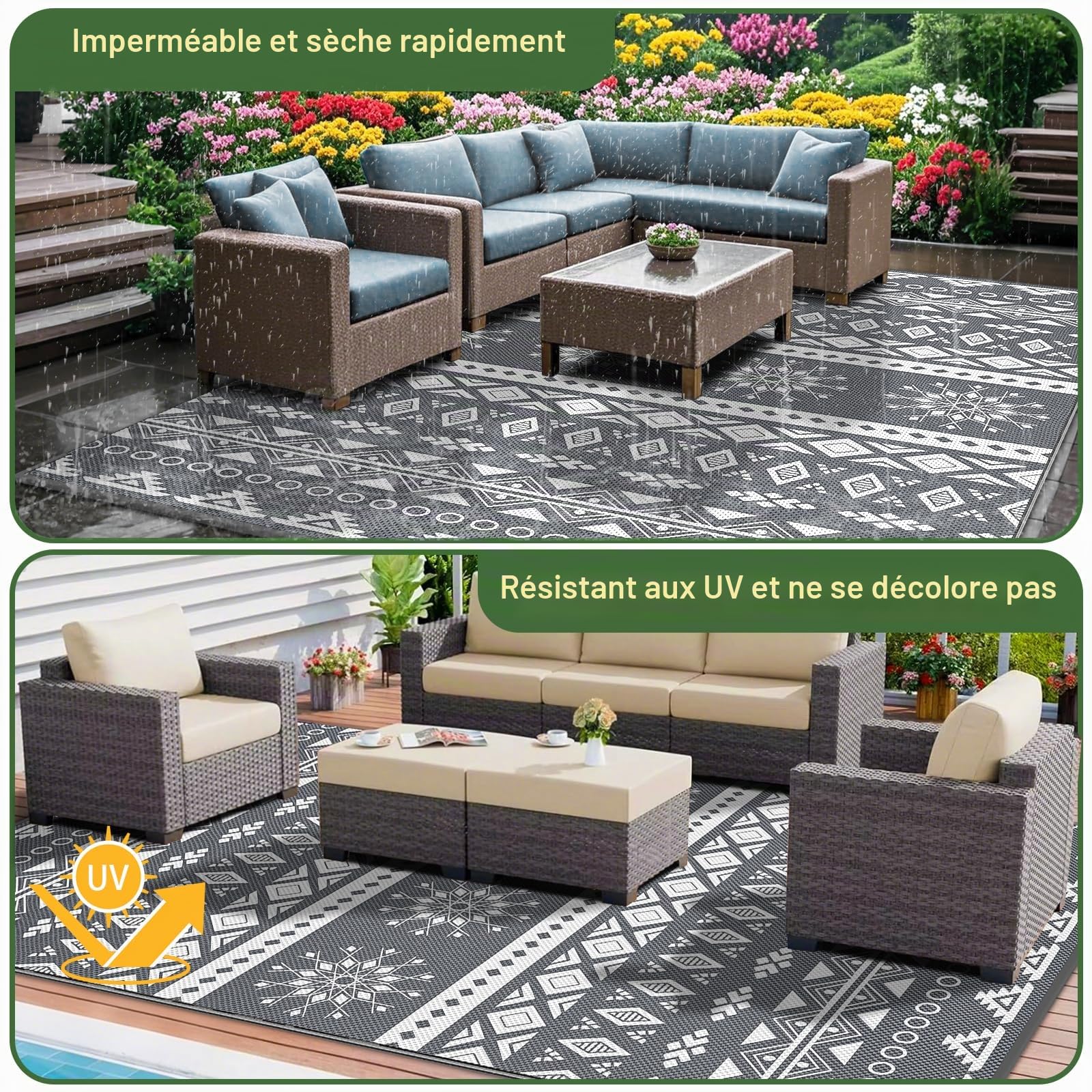 MOKANI Grand tapis d'extérieur et d'extérieur imperméable, réversible, en plastique, léger, pliable, résistant aux UV, pour camping-car, balcon, plage, terrasse - 150 x 240 cm