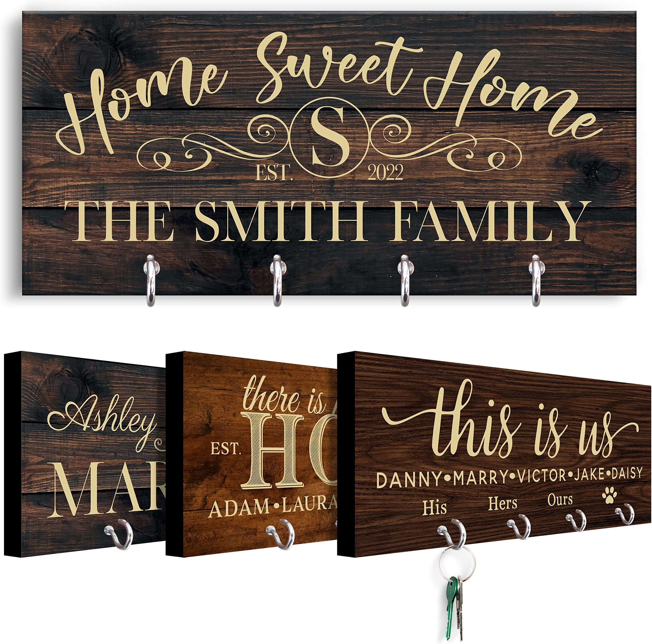 Personalized Key Holder for Wall - Custom Key Hanger with Family Name | 12 Designs, 8 Background Options | House Warming Presents for New Home, Wedding Gifts for Couple, Natural Wood Key Rack
