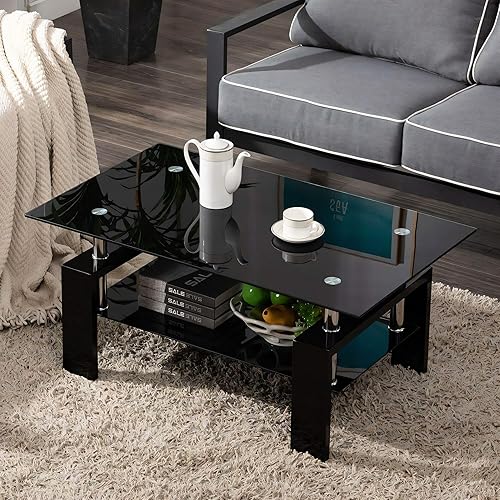 Mesa de centro rectangular de vidrio para sala de estar, mesa central con tapa de vidrio templado y estante abierto, mesa de té de 2 niveles para el