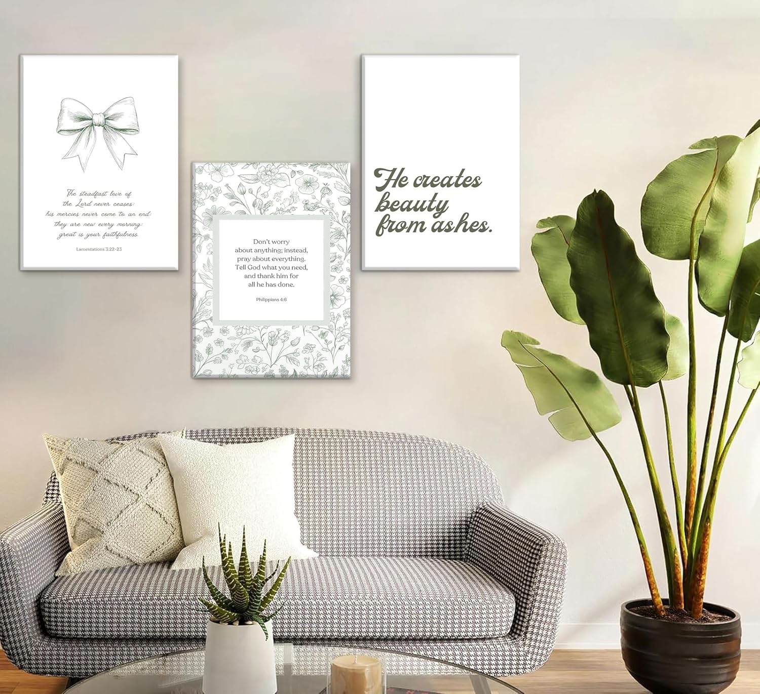 3Pcs Bible Verse Wall Art Christian Canvas Posters Nursery Scripture Picture Religious Wall Decor Bow Floral Prints Boho Minimalist Aesthetic Artwork for Bedroom Living Room Dorm Framed